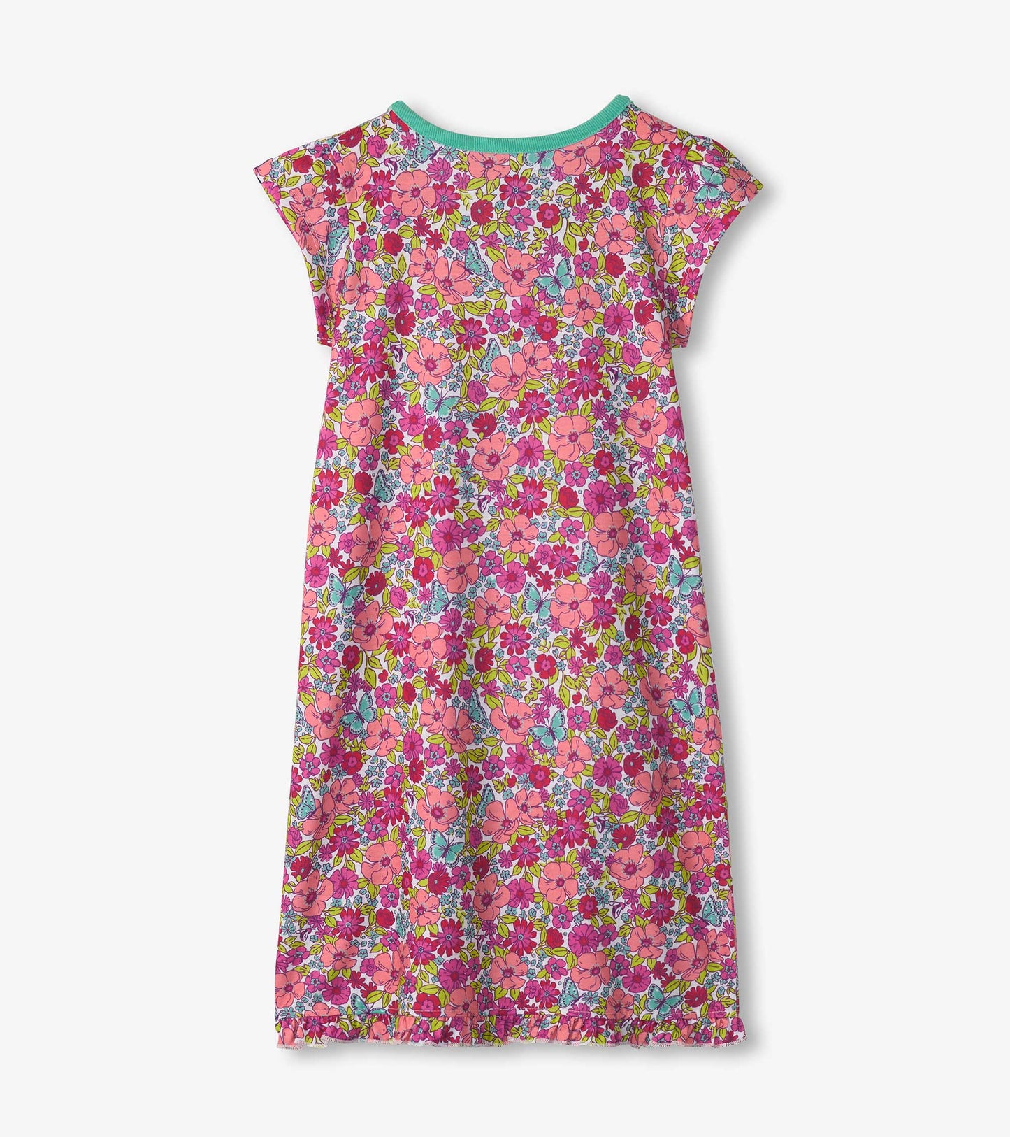 Pink nightdress featuring a vibrant floral pattern with short sleeves and a turquoise neckline.