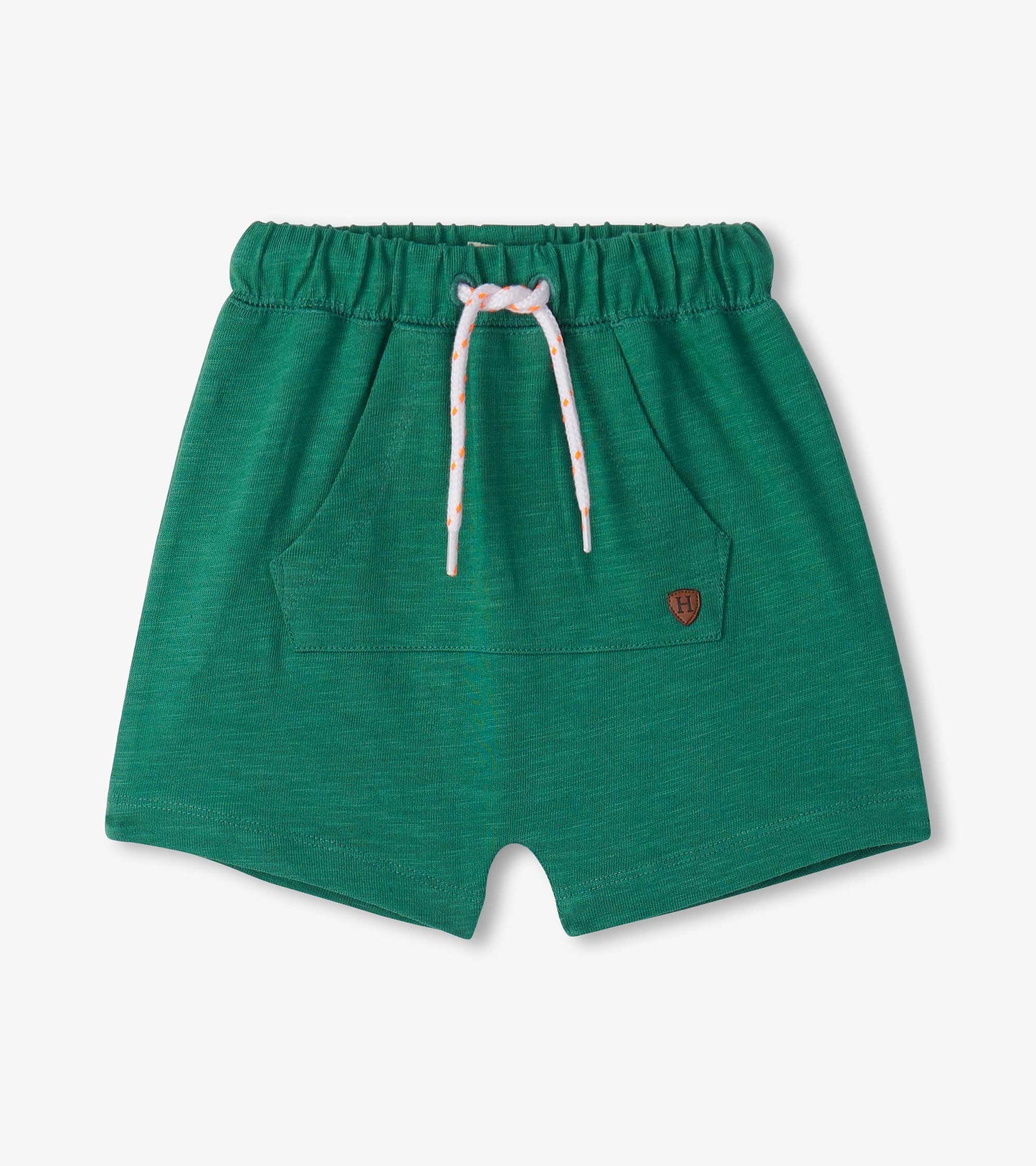 Emerald green kangaroo shorts with an elastic waistband and drawstring, featuring a front pocket.