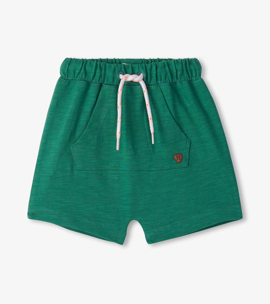 Emerald green kangaroo shorts with an elastic waistband and drawstring, featuring a front pocket.