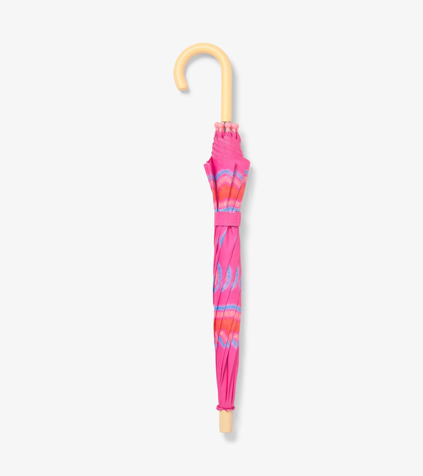Pink umbrella with a colorful heart pattern and a curved wooden handle, designed for kids.