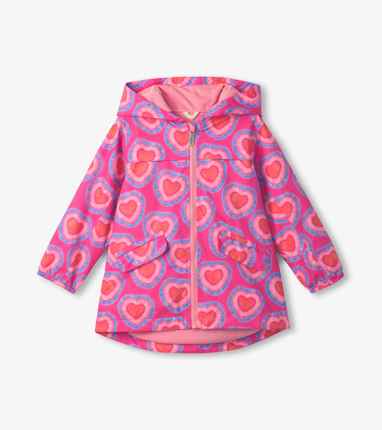 Lightweight pink rain jacket with a heart pattern, zip-up front, and hood, featuring two front pockets.