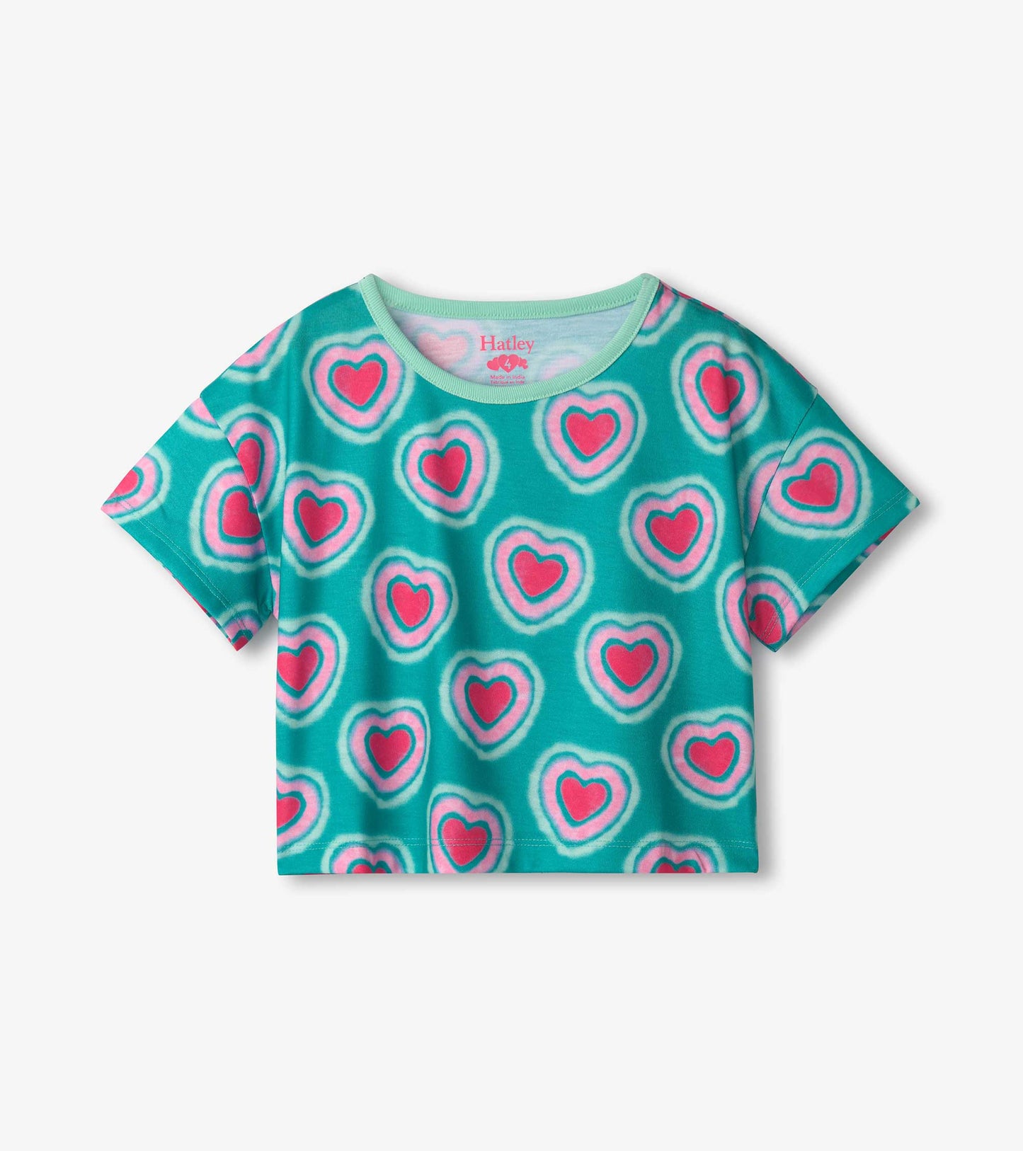 Turquoise short-sleeve tee featuring a playful heart pattern in pink and white, perfect for girls' pajamas.