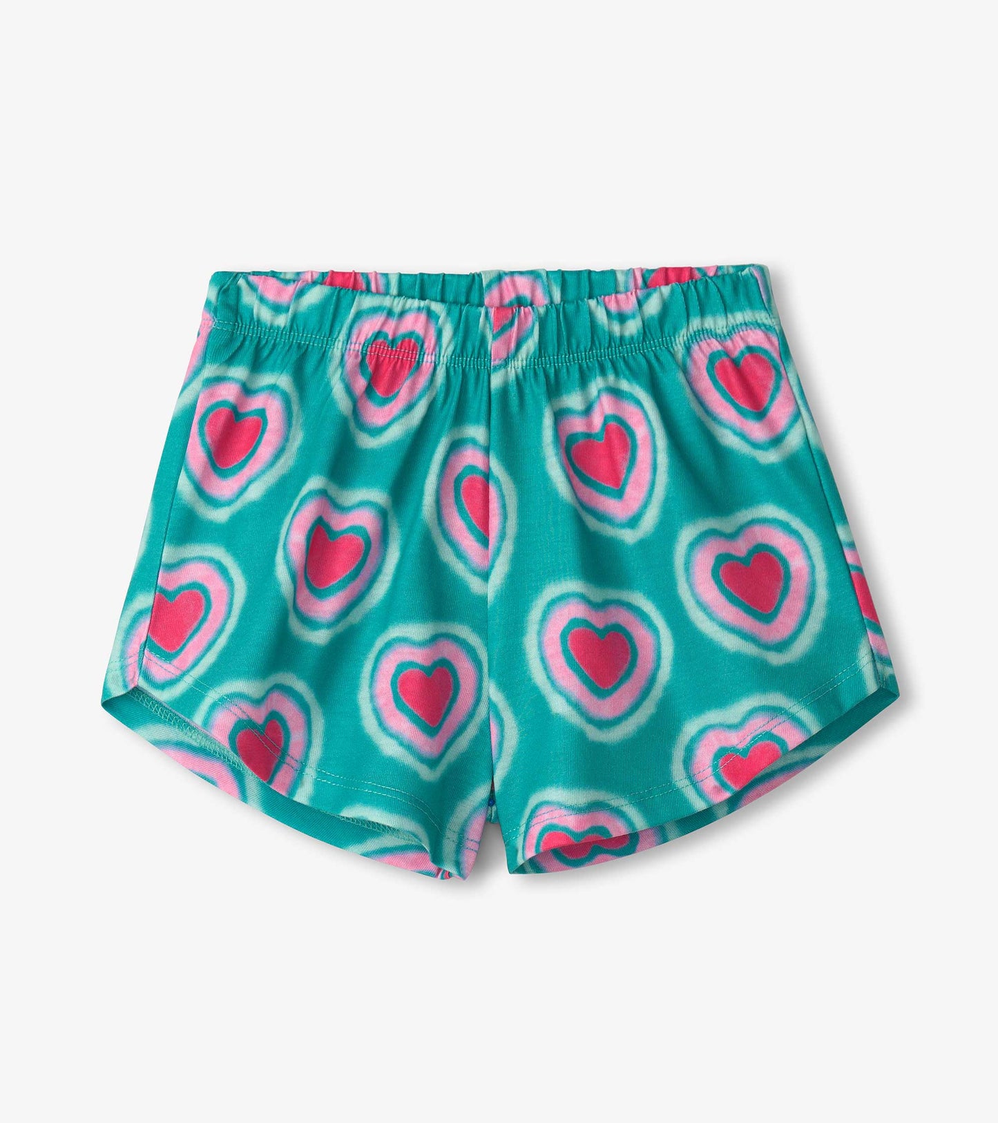 Turquoise shorts with a pink and white heart pattern, featuring an elastic waistband for comfort.