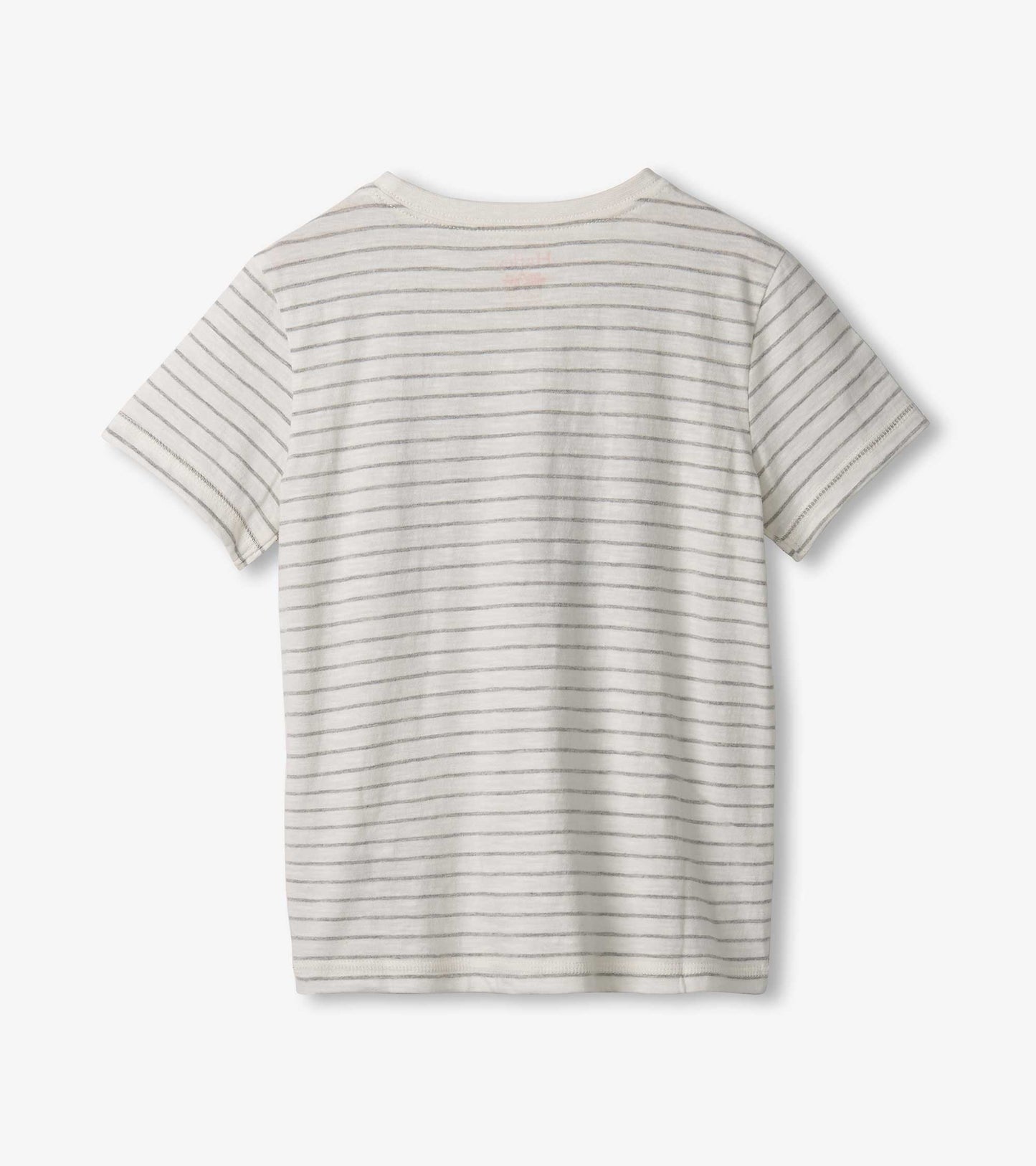 White short-sleeve tee with gray horizontal stripes, featuring a classic crew neckline.