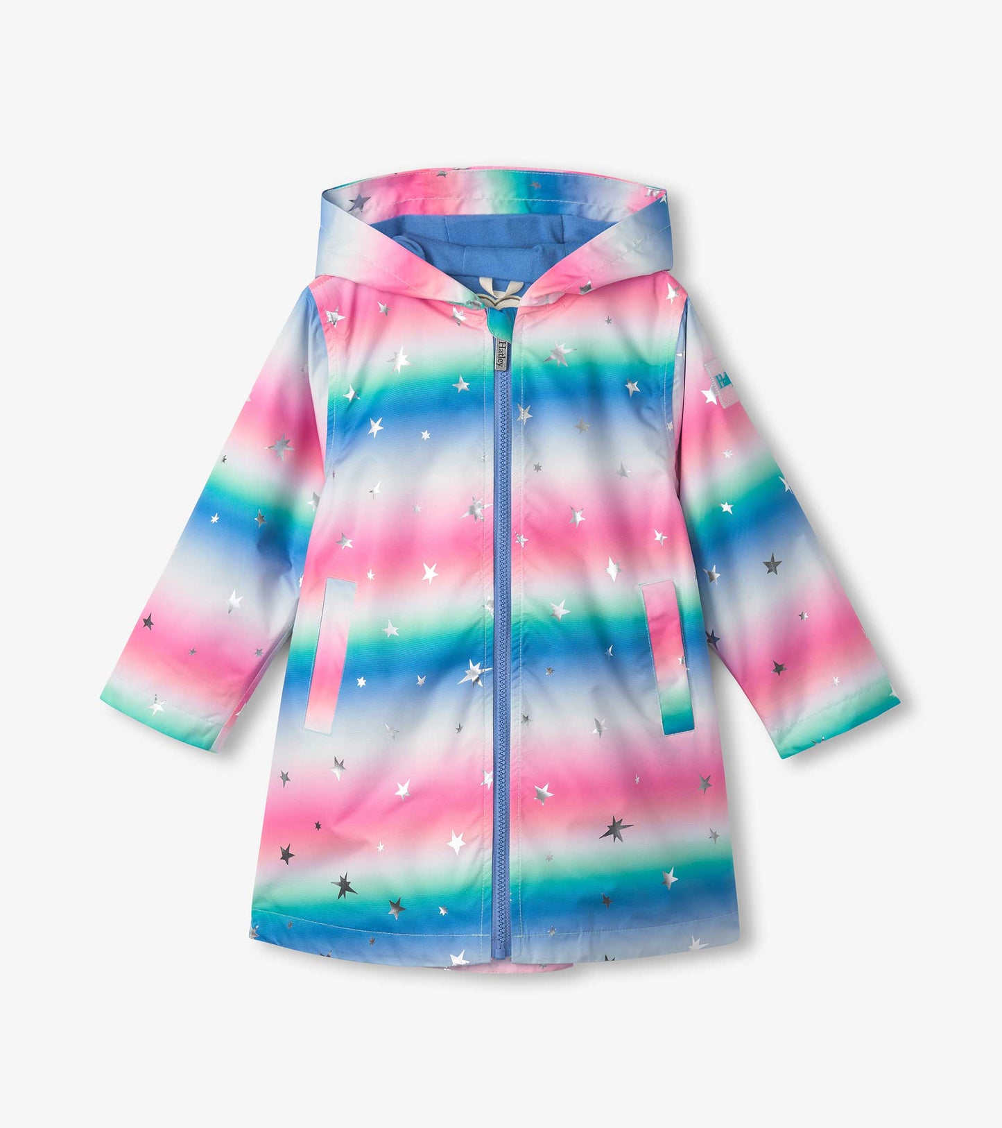 A-line swing jacket in pastel pink, blue, and green with glittery star pattern and a hood.