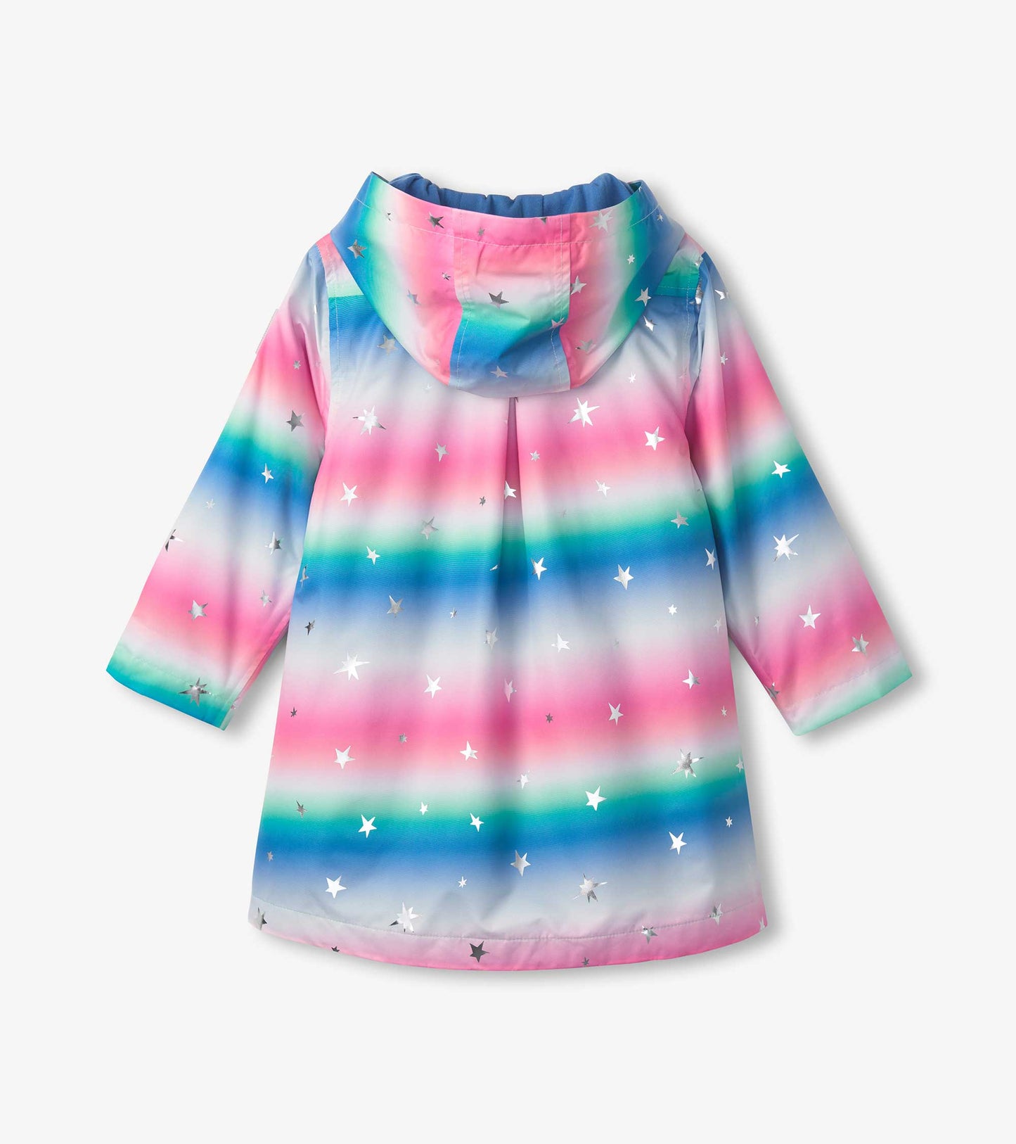 A-line swing jacket featuring a gradient of pink, blue, and green with silver star patterns and a hood.