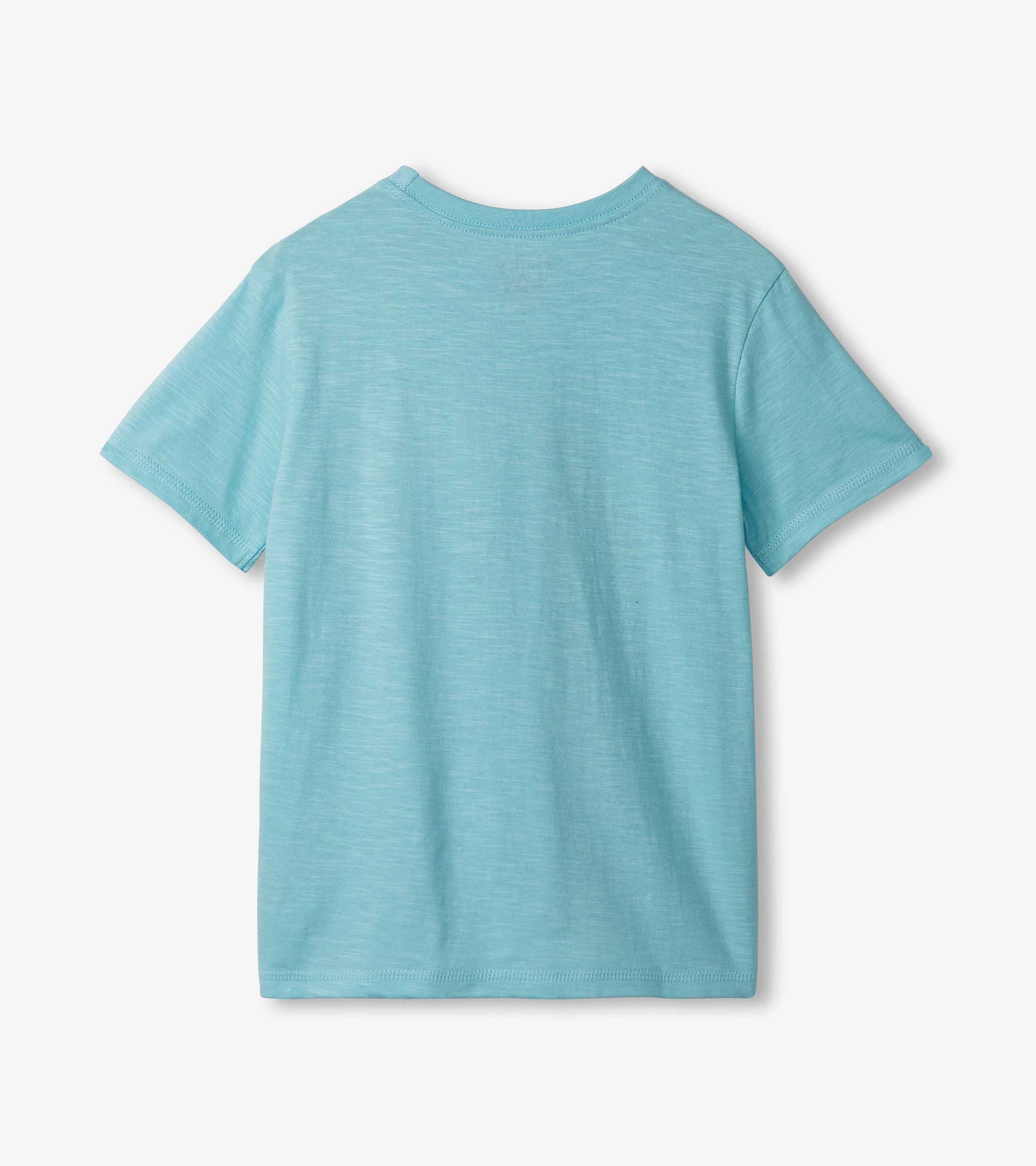 Light blue short-sleeve graphic tee with a soft texture, featuring a round neckline and a relaxed fit.
