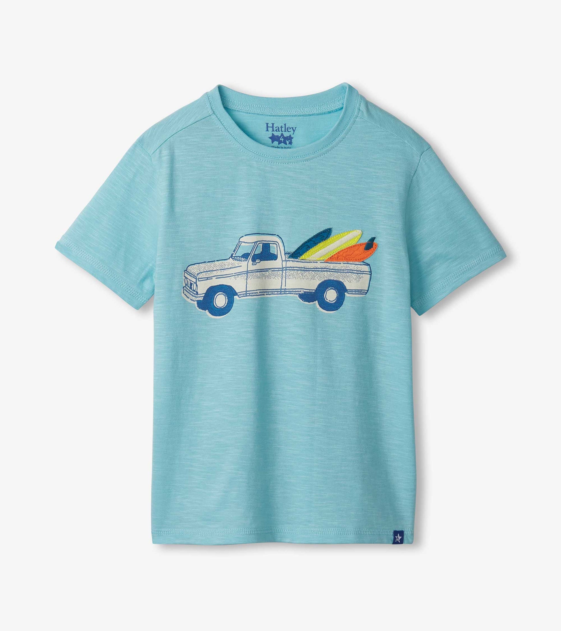 Light blue short-sleeve tee featuring a graphic of a truck with surfboards in the back.