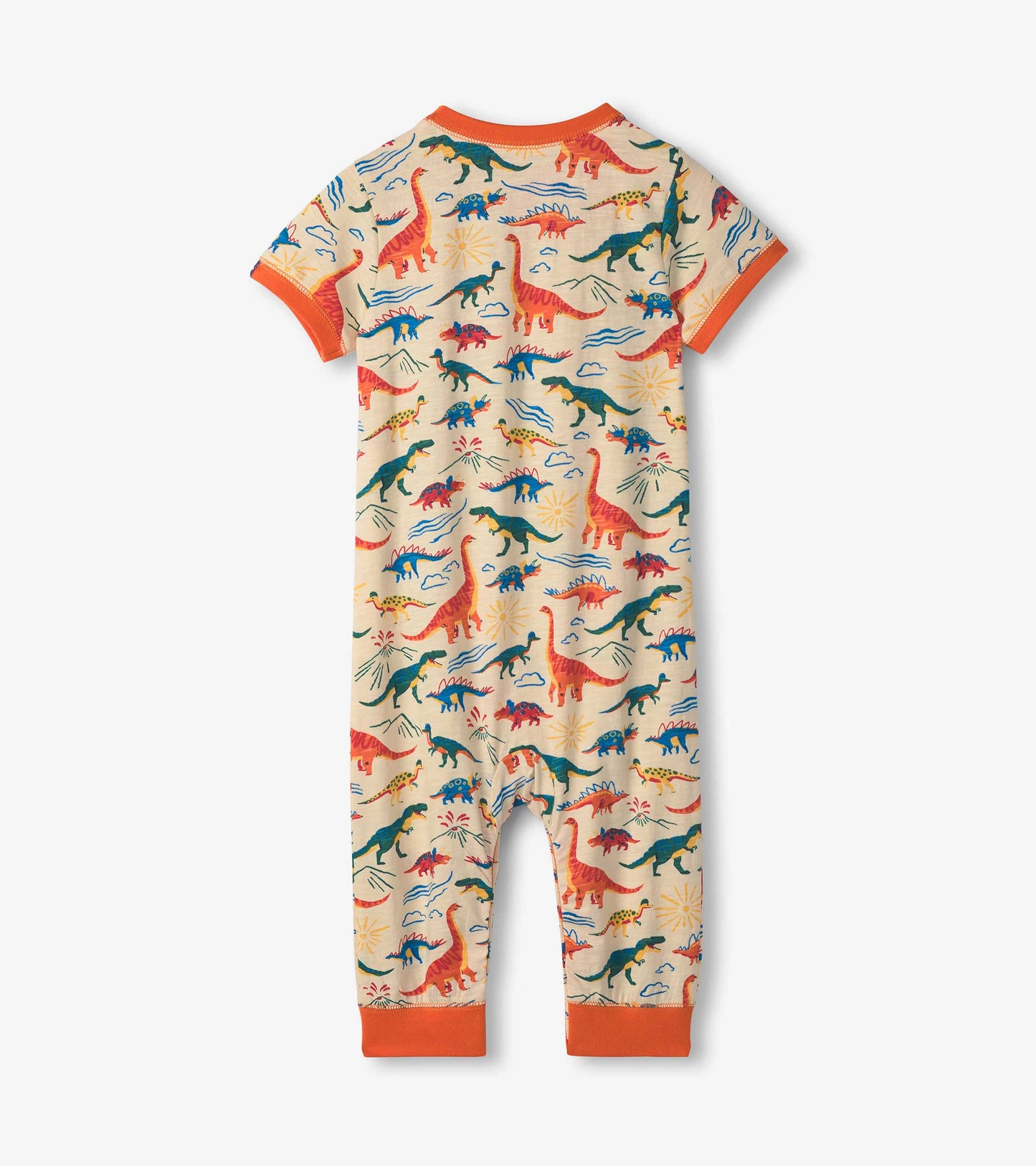 Beige jersey romper featuring colorful dinosaur patterns and orange trim, suitable for baby and toddler boys.