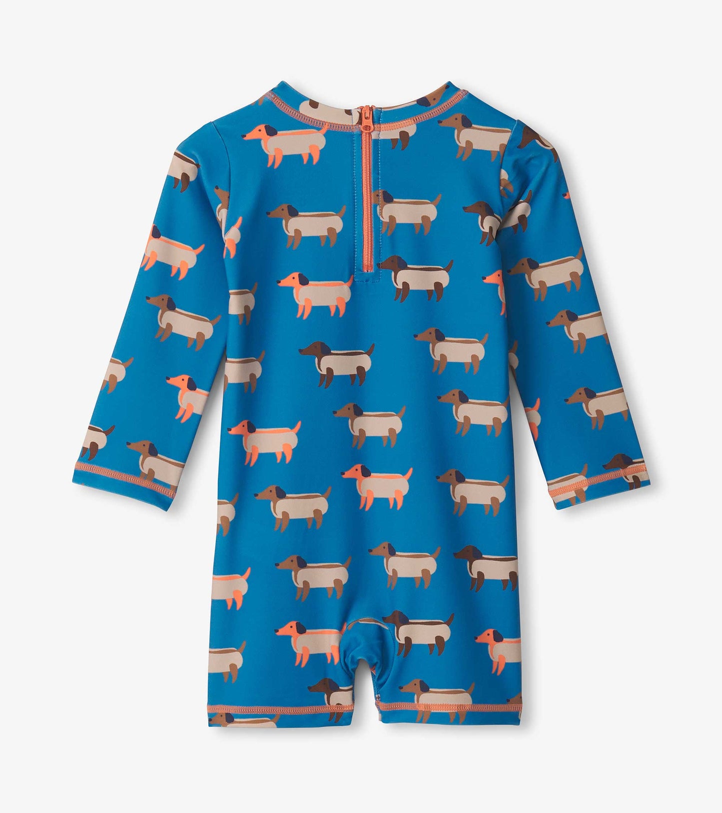 Blue one-piece rashguard featuring a playful hot dog pattern, long sleeves, and a back zipper for easy dressing.