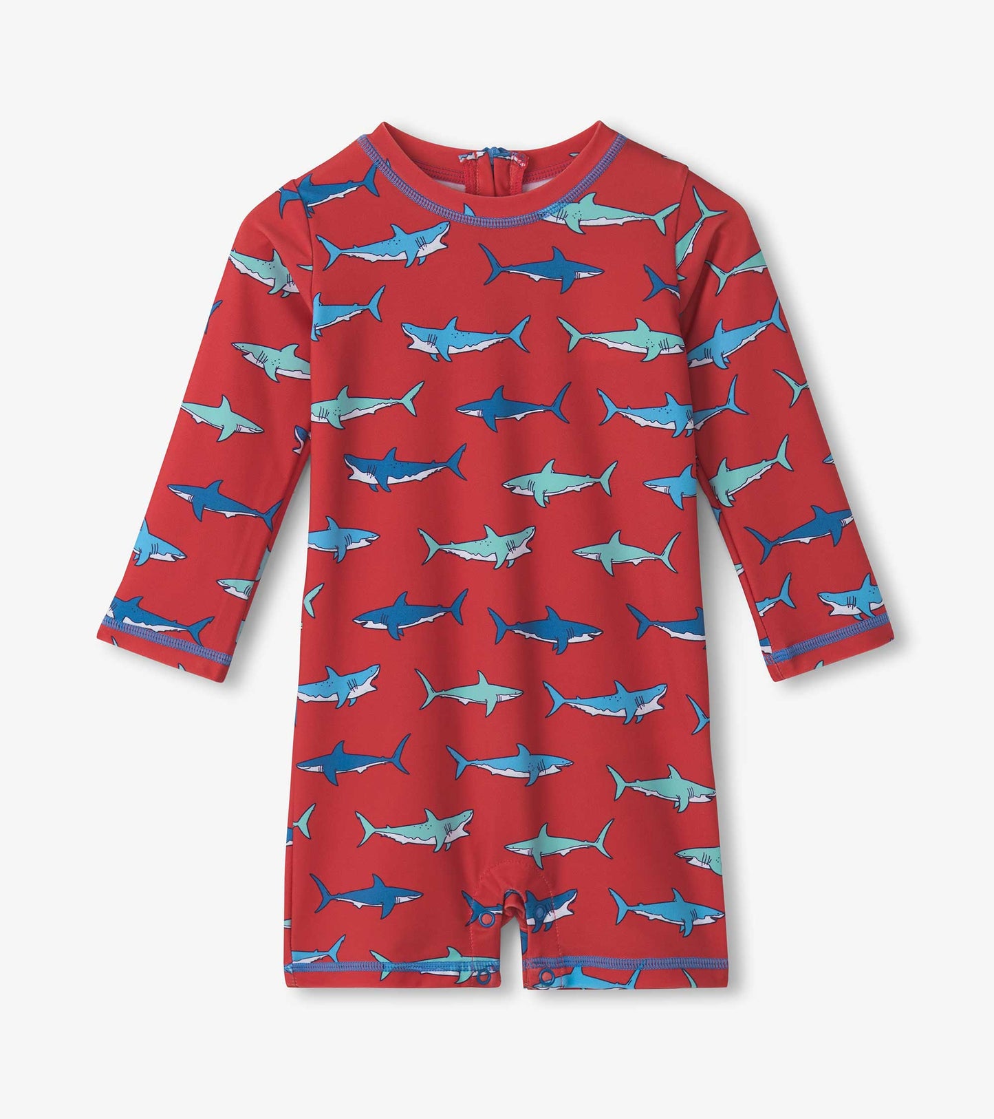 Red one-piece rashguard featuring a playful shark pattern, long sleeves, and snap closures at the bottom for easy dressing.