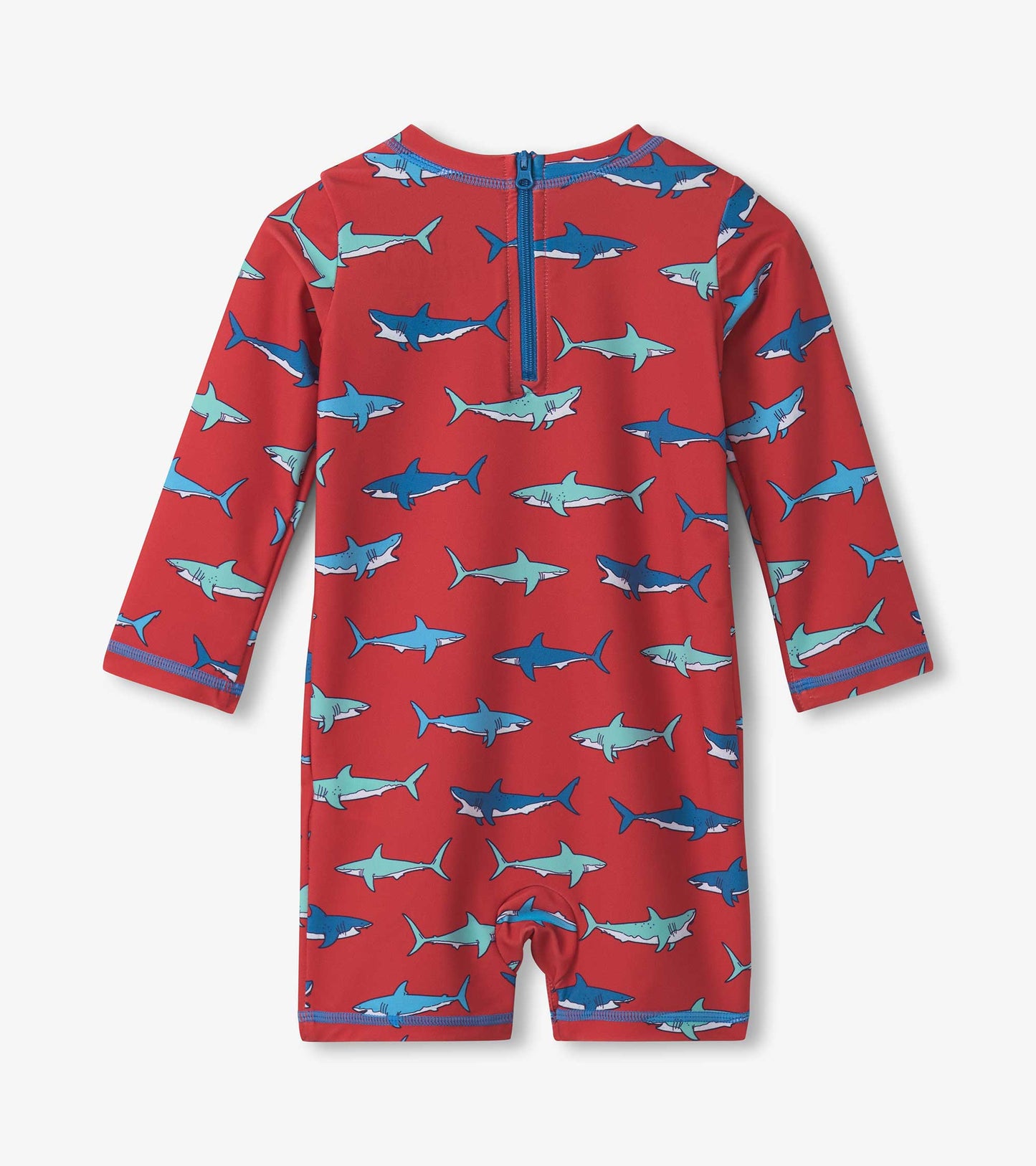 Red one-piece rashguard featuring a playful shark pattern and long sleeves, with a back zipper for easy dressing.