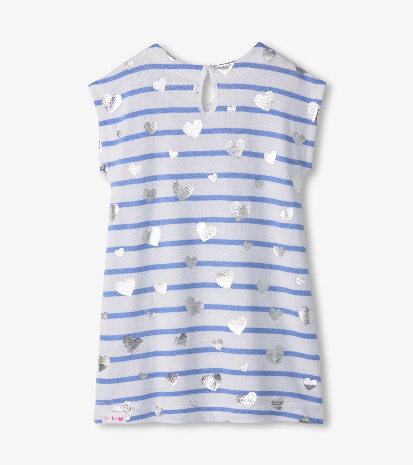 Slouchy dress featuring blue and white stripes with silver heart patterns, keyhole back detail.