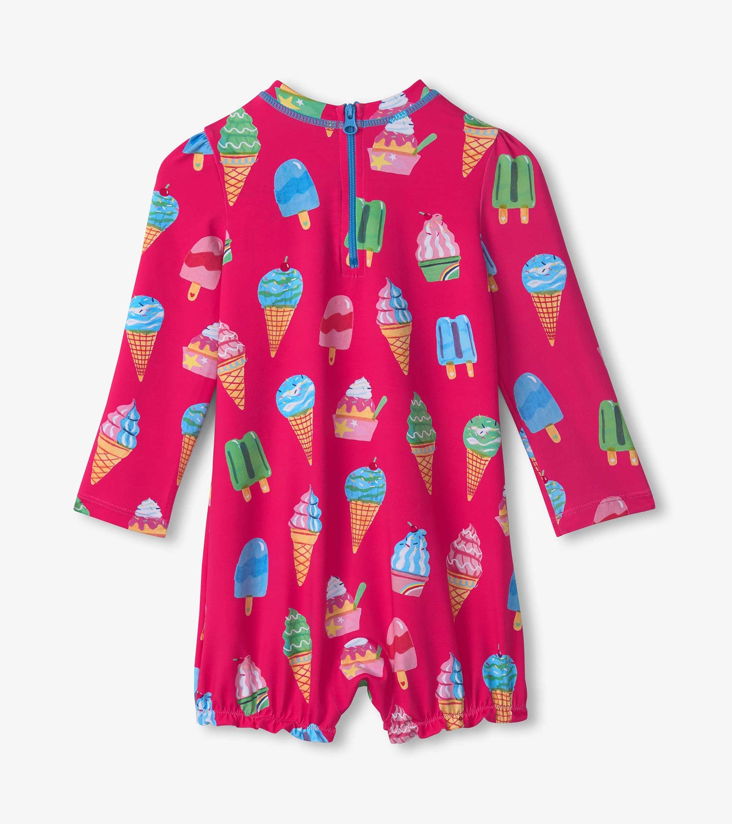 Bright pink rashguard swimsuit featuring colorful ice cream cone and popsicle patterns, designed for baby girls.