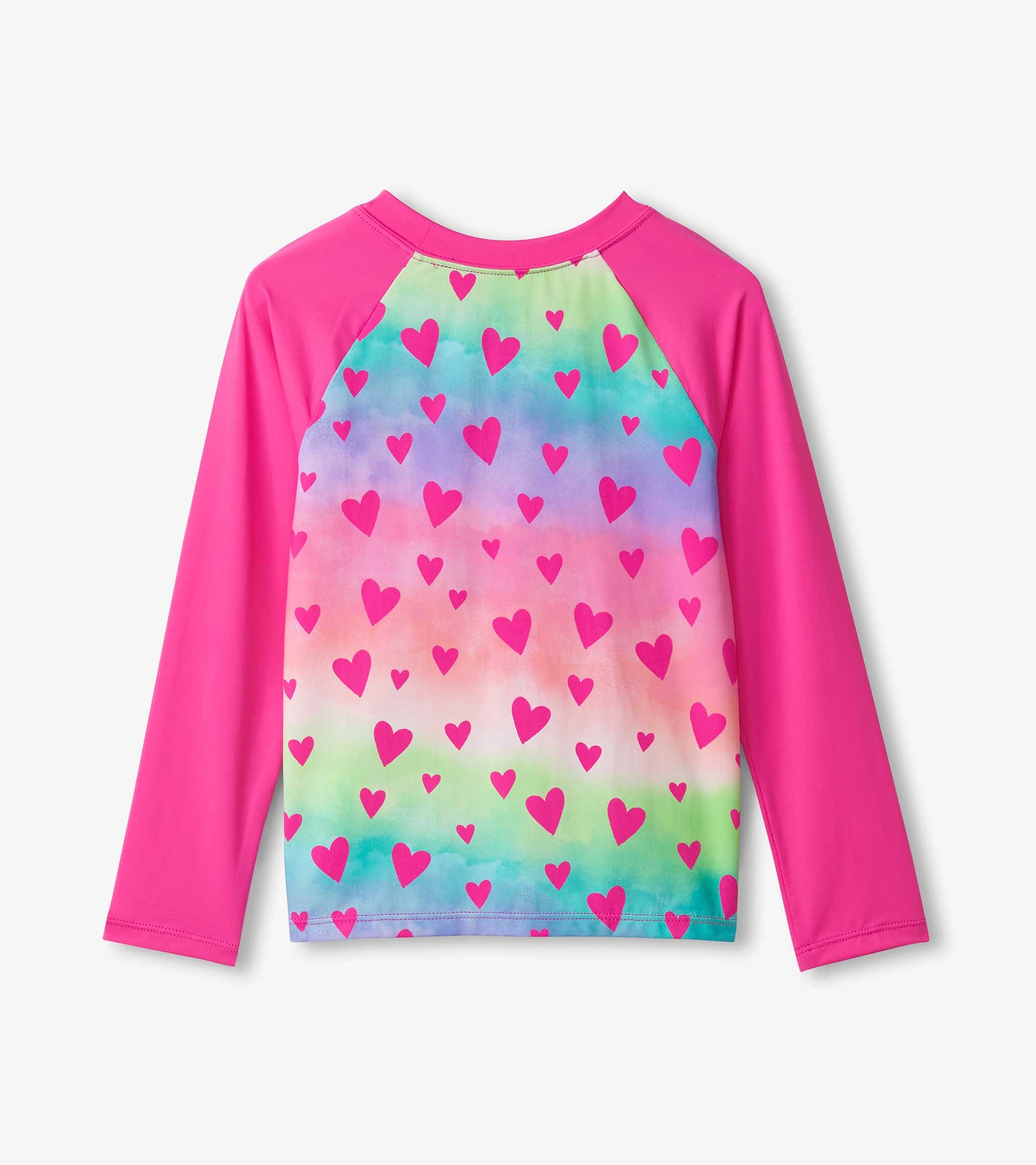 Long sleeve rashguard featuring a colorful gradient pattern with pink hearts and bright pink sleeves.