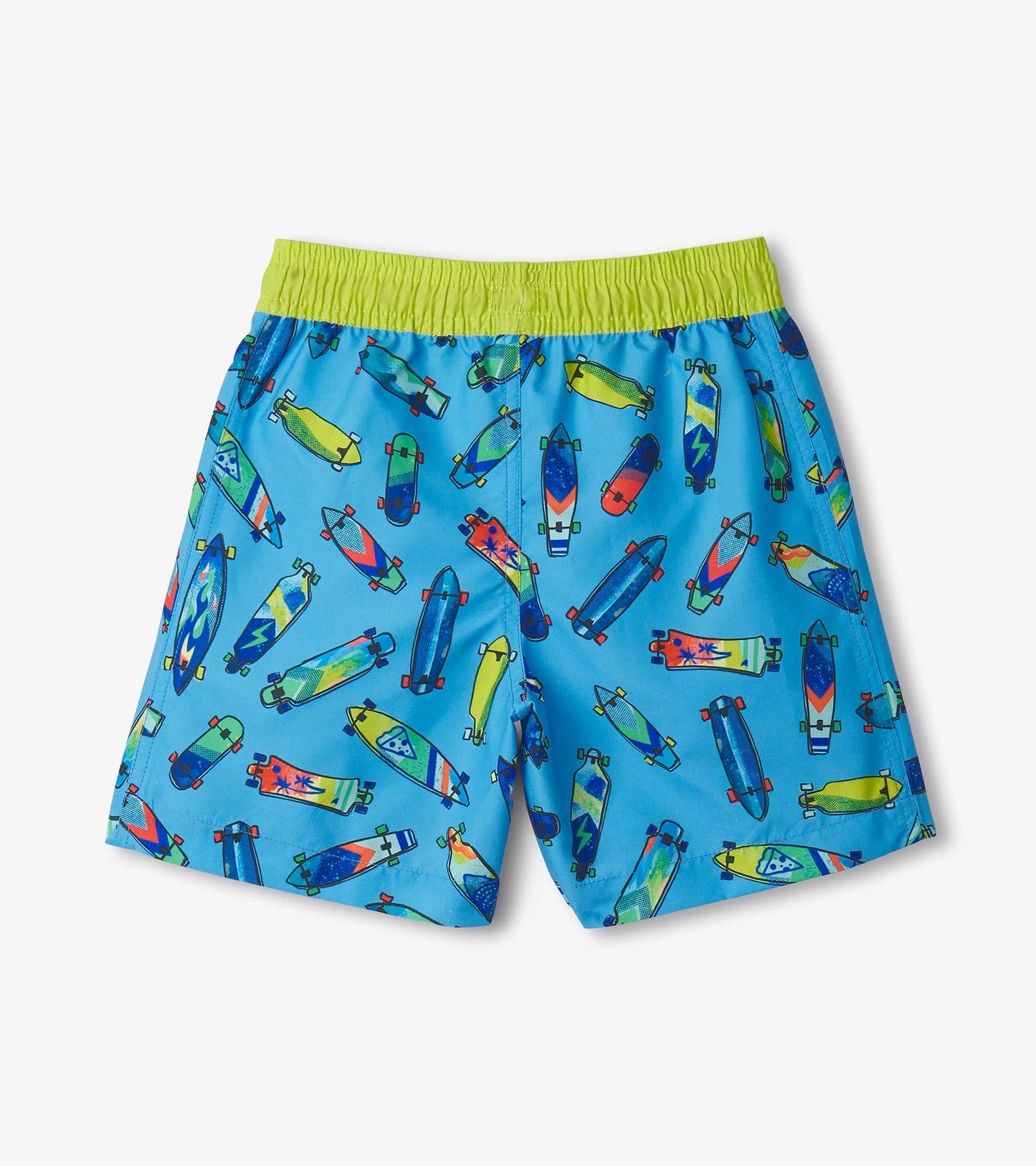 Blue swim trunks featuring a colorful skateboard pattern and a green elastic waistband. Ideal for boys' summer wear.