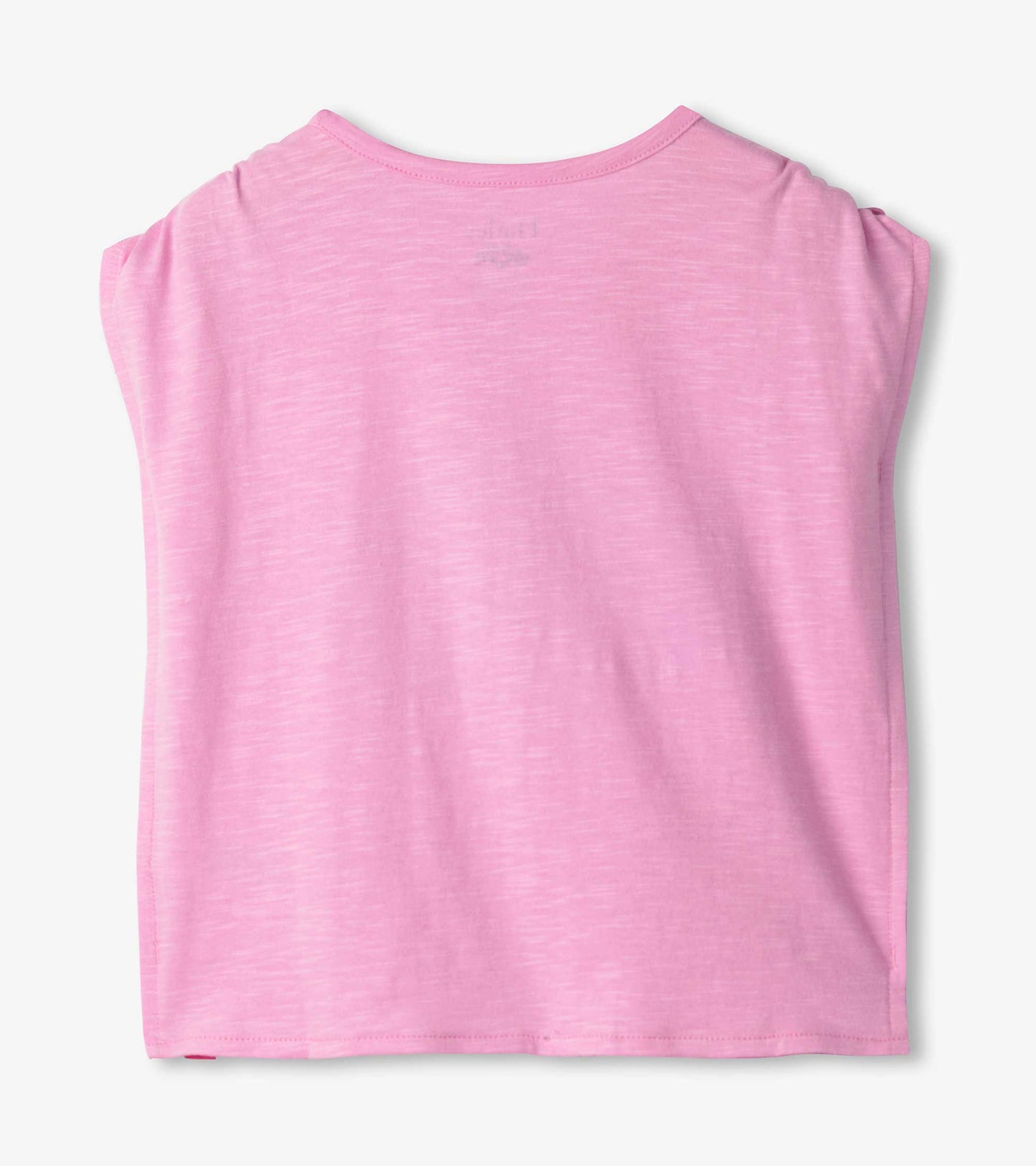 Lilac cinched shoulder top with a relaxed fit and soft texture, featuring a round neckline and short sleeves.