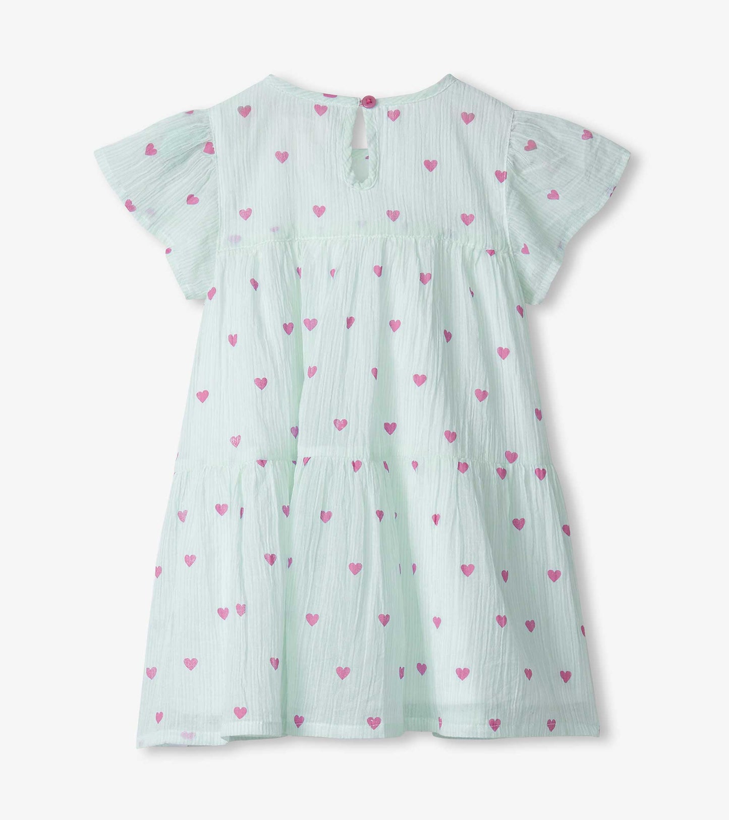 Light mint puff-sleeve toddler dress with pink heart print and a buttoned keyhole back.