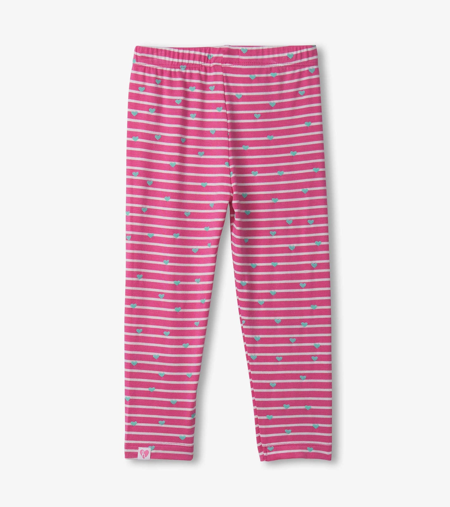 Pink striped leggings featuring small blue hearts, made from soft stretch bamboo material, suitable for baby and toddler gir…