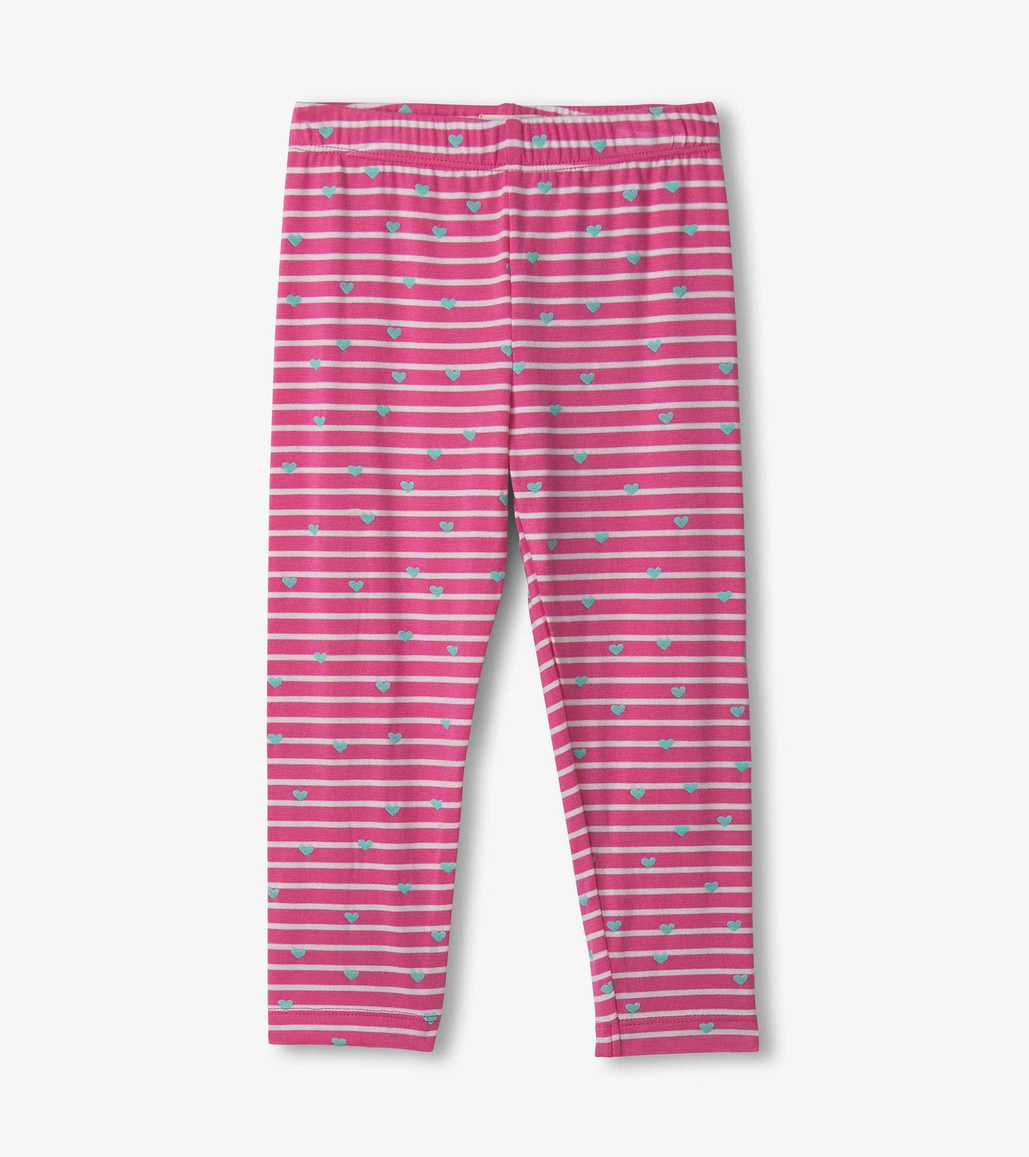 Pink striped leggings with small blue hearts, made from stretchy bamboo fabric, suitable for baby and toddler girls.
