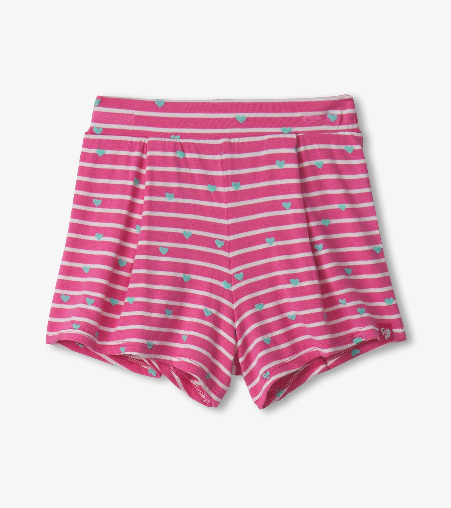 Pink striped shorts with small blue hearts, featuring a comfortable waistband and patch pockets. Suitable for baby and toddl…