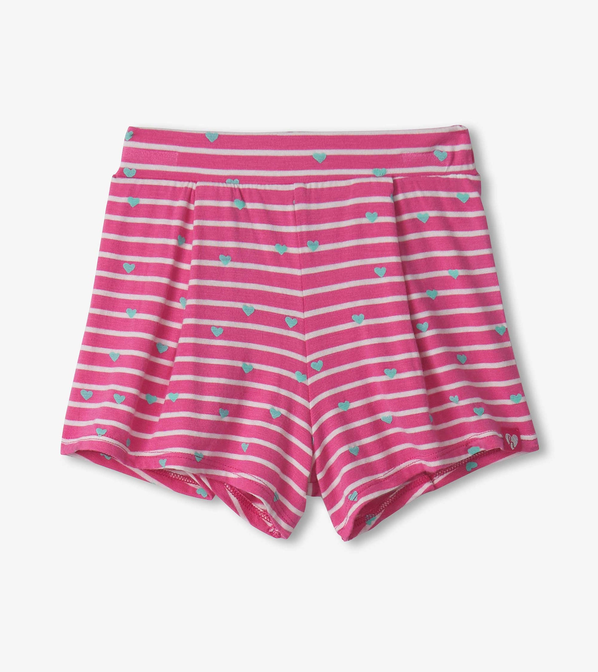 Pink striped shorts with small blue hearts, featuring a comfortable waistband and patch pockets. Suitable for baby and toddl…