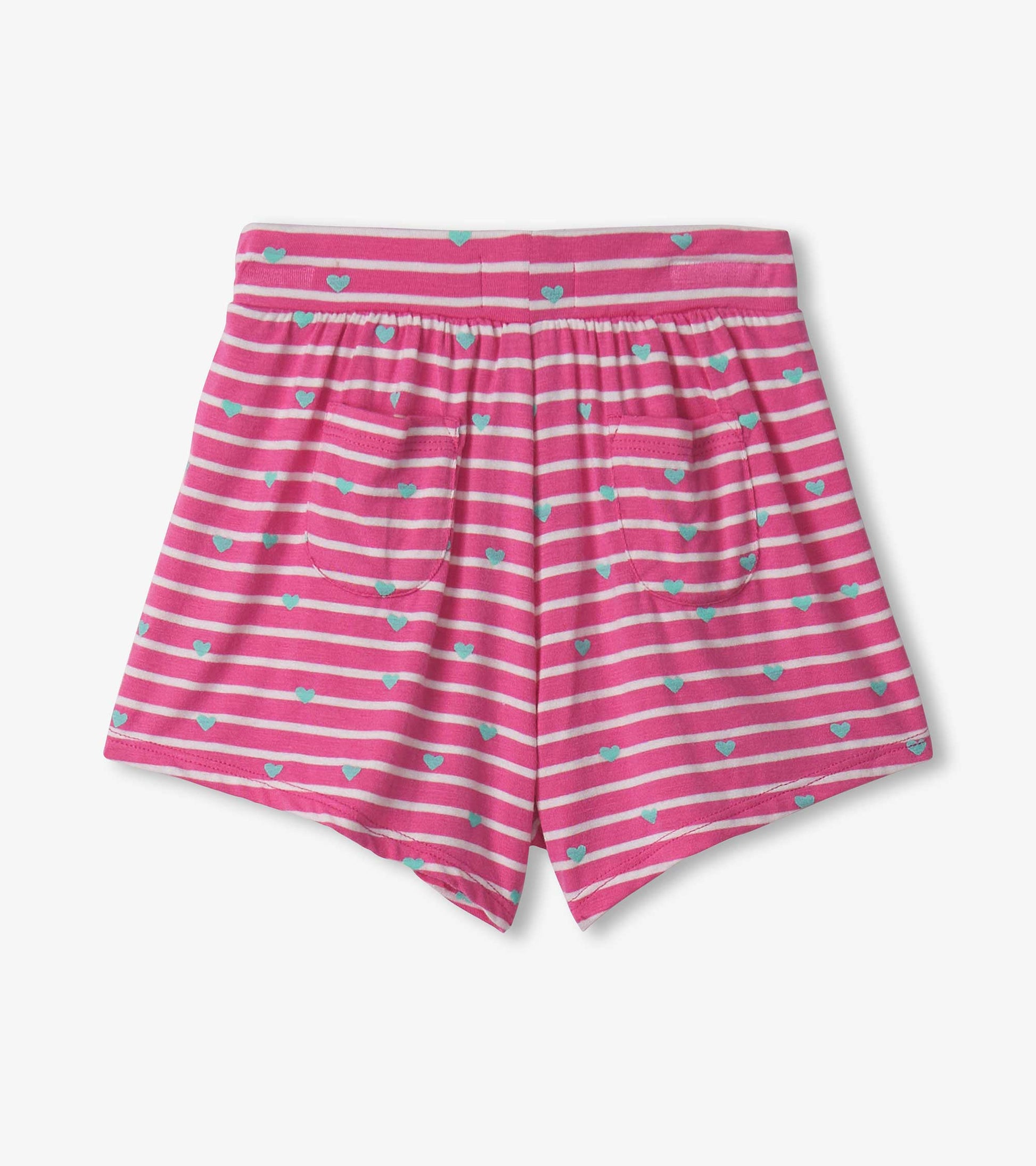 Pink striped shorts with small blue hearts and patch pockets, designed for baby and toddler girls.