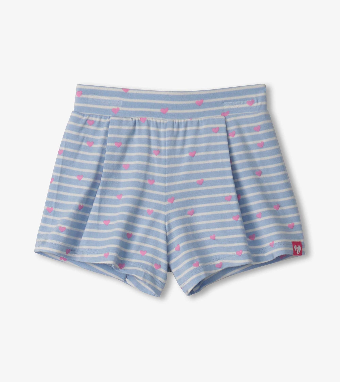 Light blue shorts with white stripes and pink heart patterns, featuring a comfortable elastic waistband.