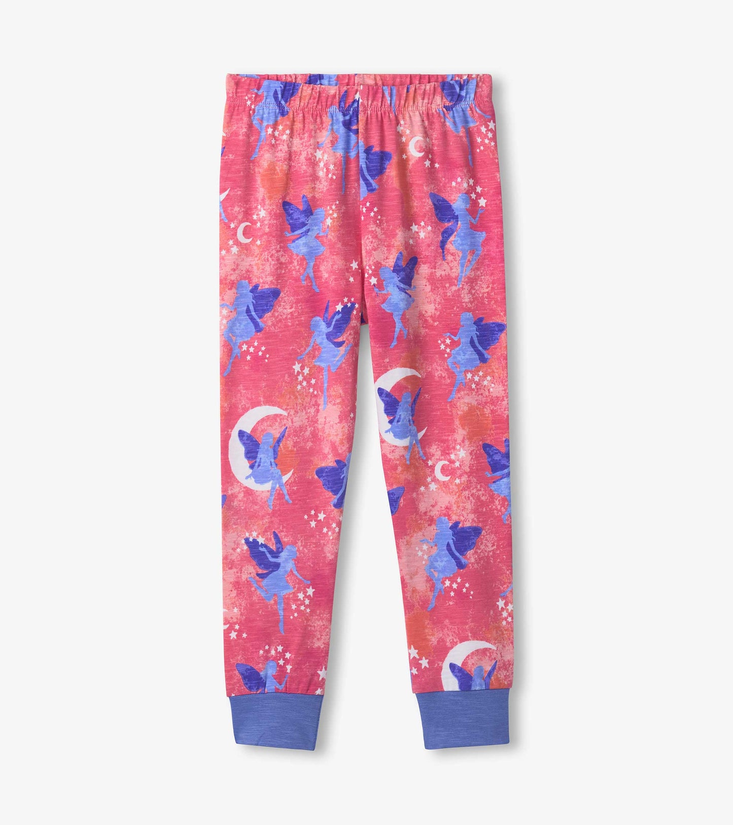 Pink pajama pants featuring blue fairies, moons, and stars, with a soft elastic waistband and blue cuffs at the ankles.