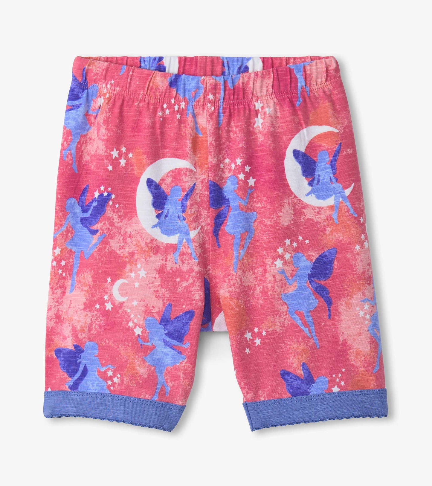Pink pajama shorts featuring a fairy and moon pattern with blue accents and an elastic waistband.