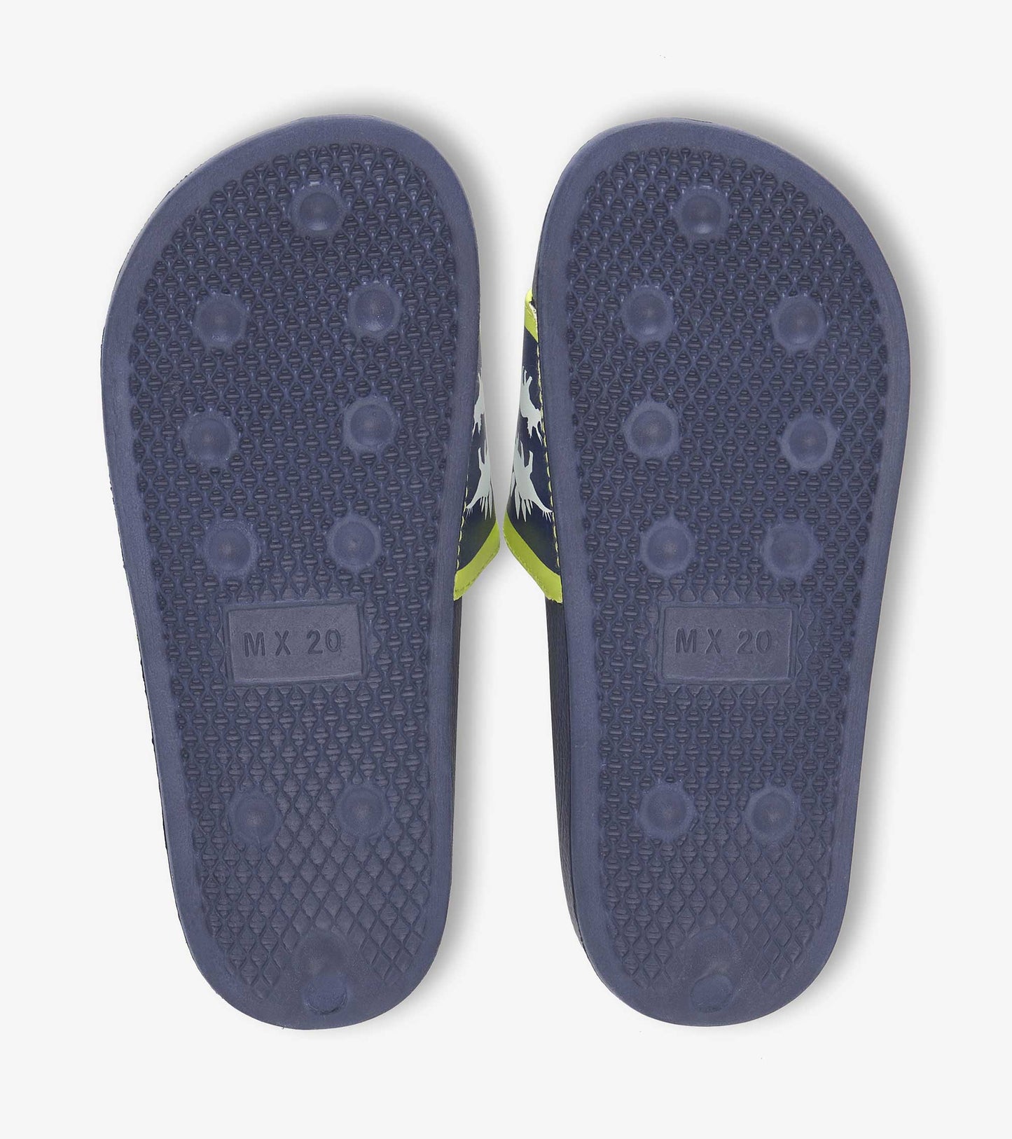 Navy blue dinosaur-themed slides with textured soles for grip, suitable for kids.