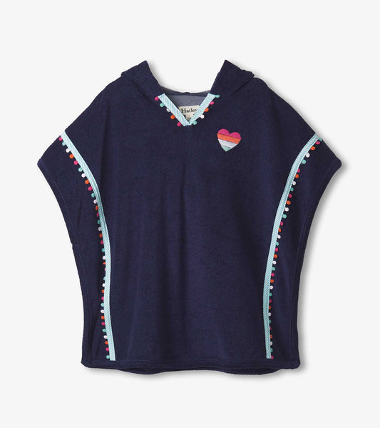 Navy hooded cover-up with colorful pom-pom trim and heart design, perfect for beach or pool use.