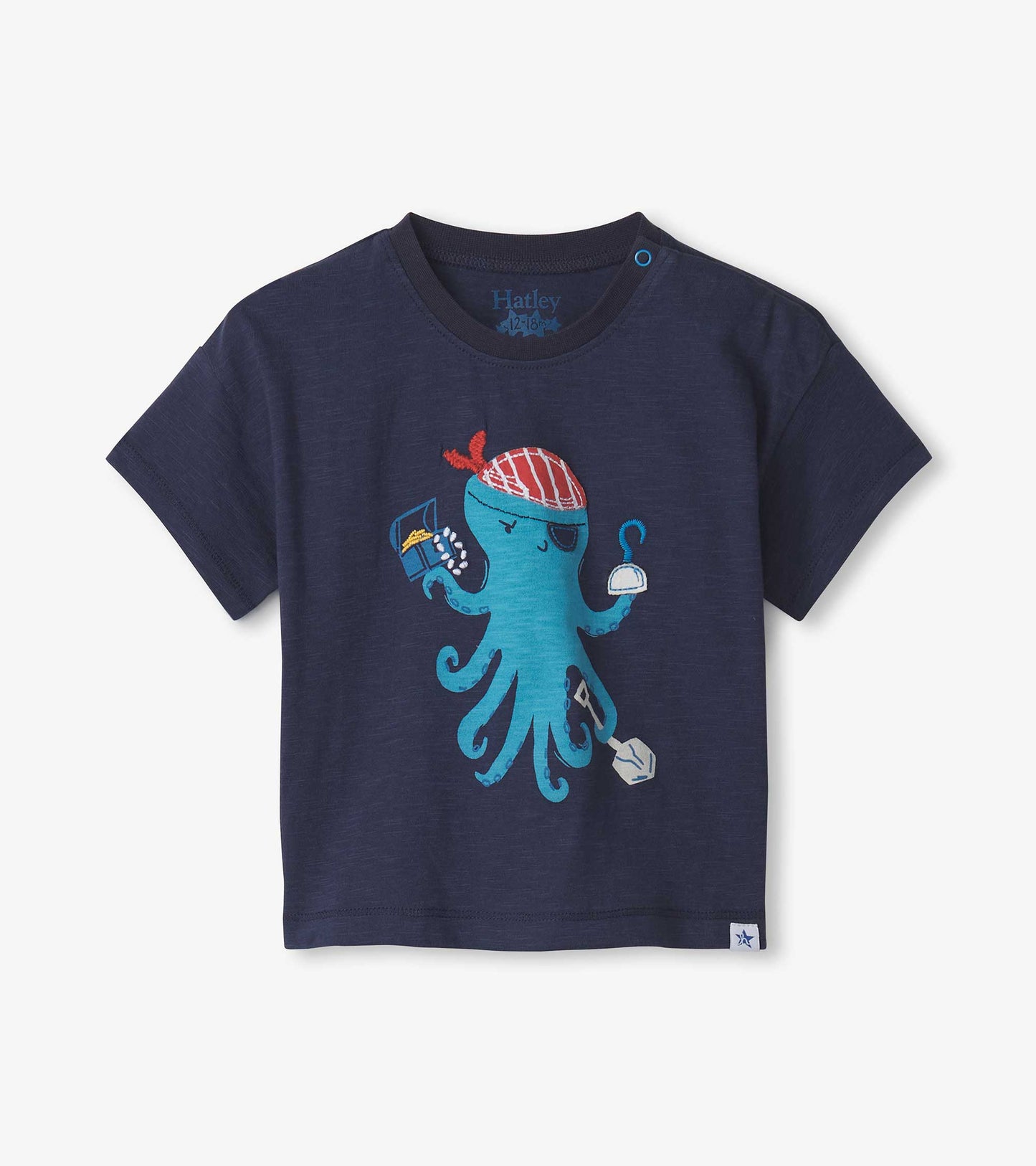 Navy slouchy tee featuring a playful blue octopus graphic with a pirate hat and accessories, suitable for baby and toddler b…