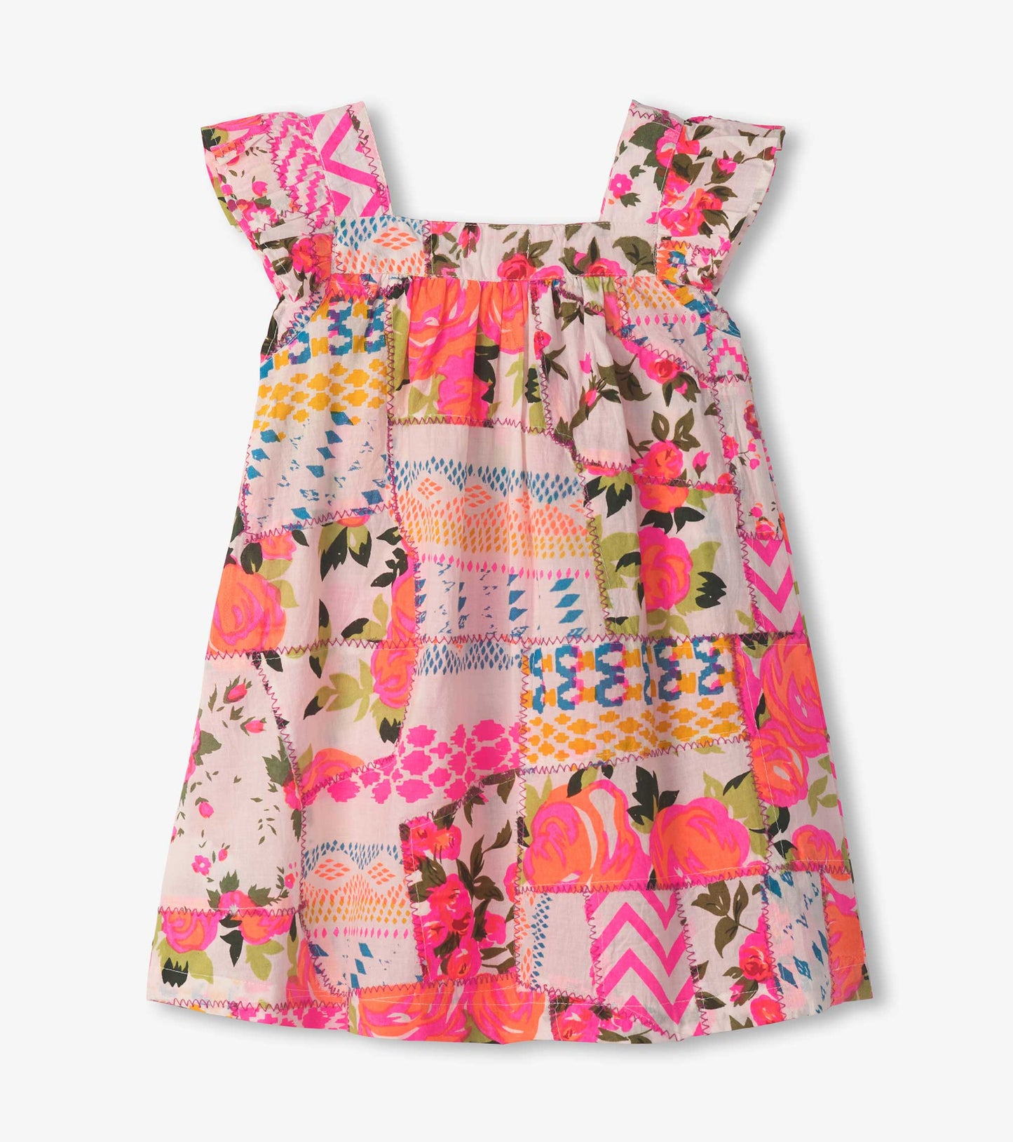 Floral patchwork dress with flutter sleeves in vibrant pink, yellow, and green hues, perfect for casual wear.