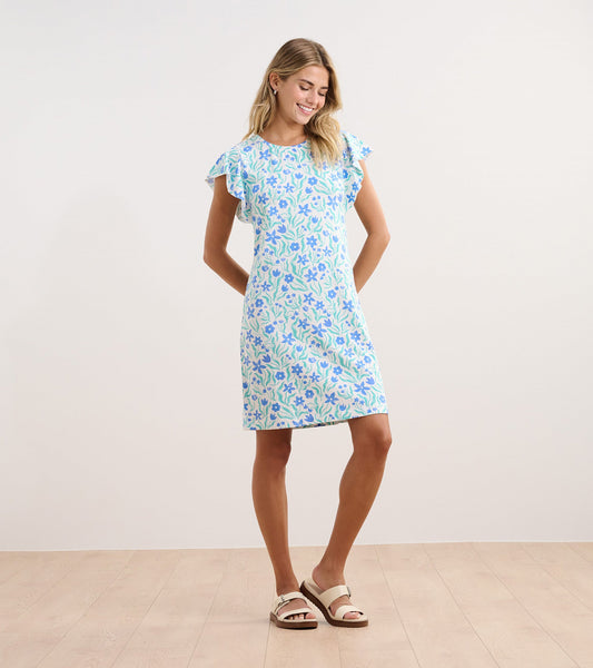 Light blue dress with a floral pattern, ruffled sleeves, and a relaxed fit, perfect for casual wear.