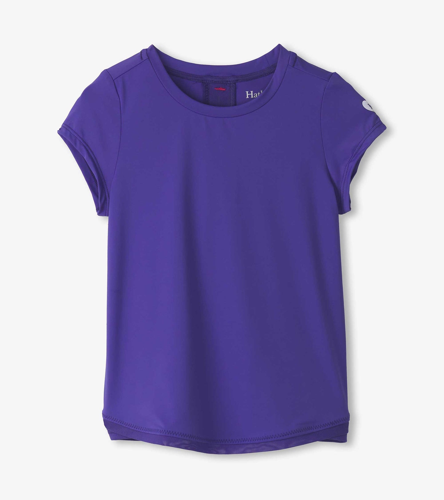Purple short-sleeve T-shirt with a smooth mesh trim, suitable for casual wear.