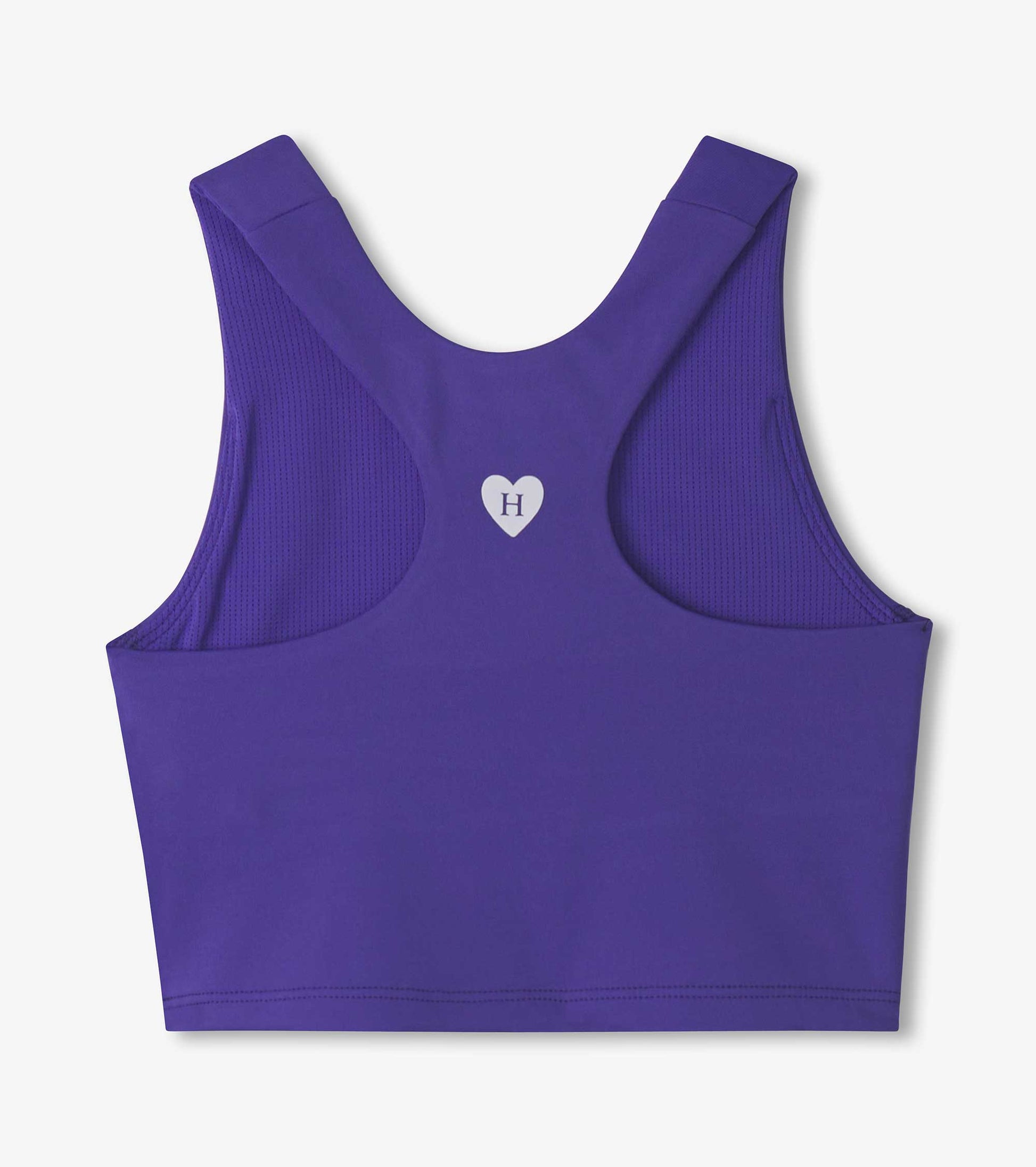 Purple tank top with wide straps and a heart logo, featuring a smooth fabric and a sporty design.