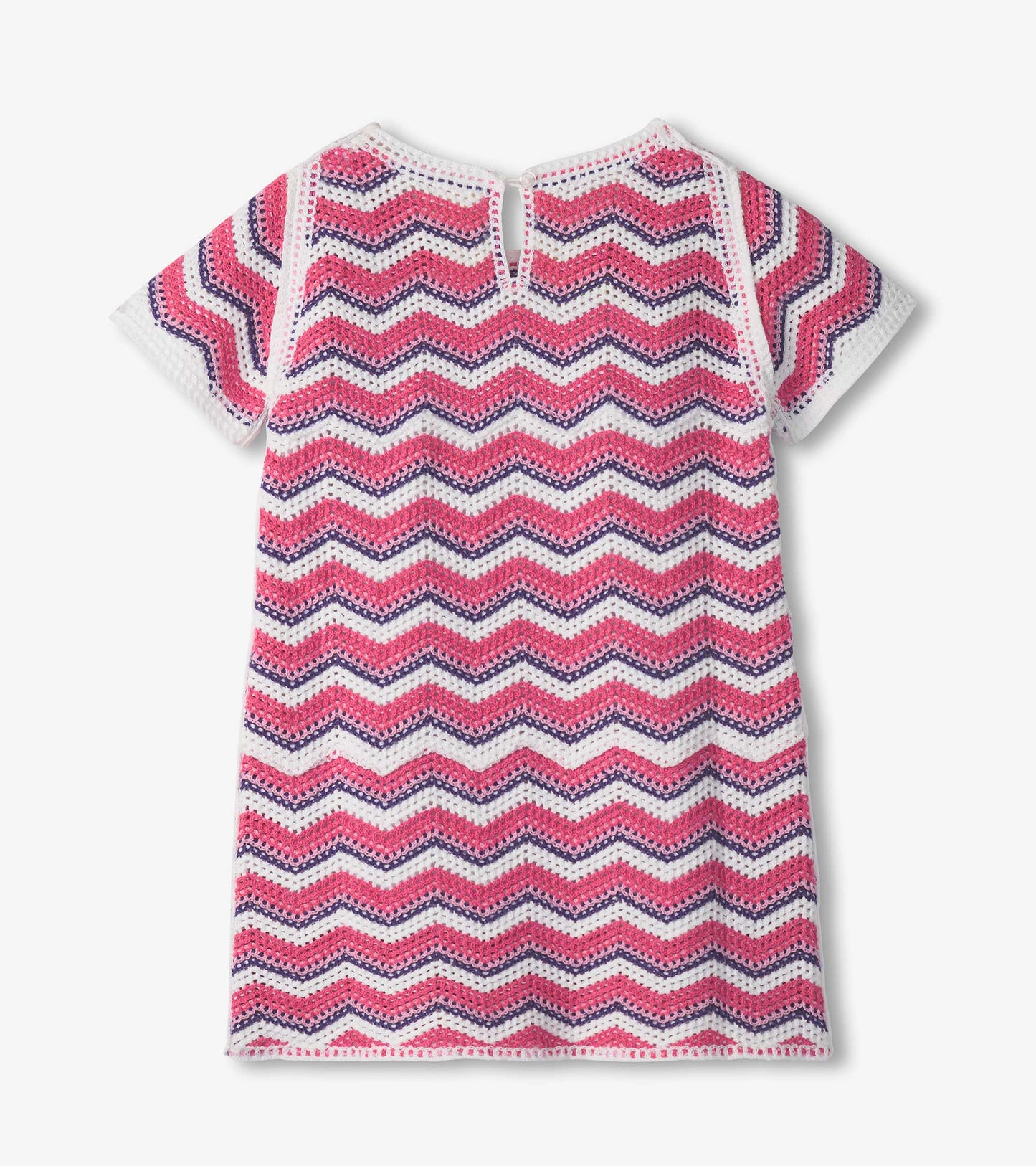 Short-sleeve dress featuring a pink and white chevron pattern with a back keyhole opening.