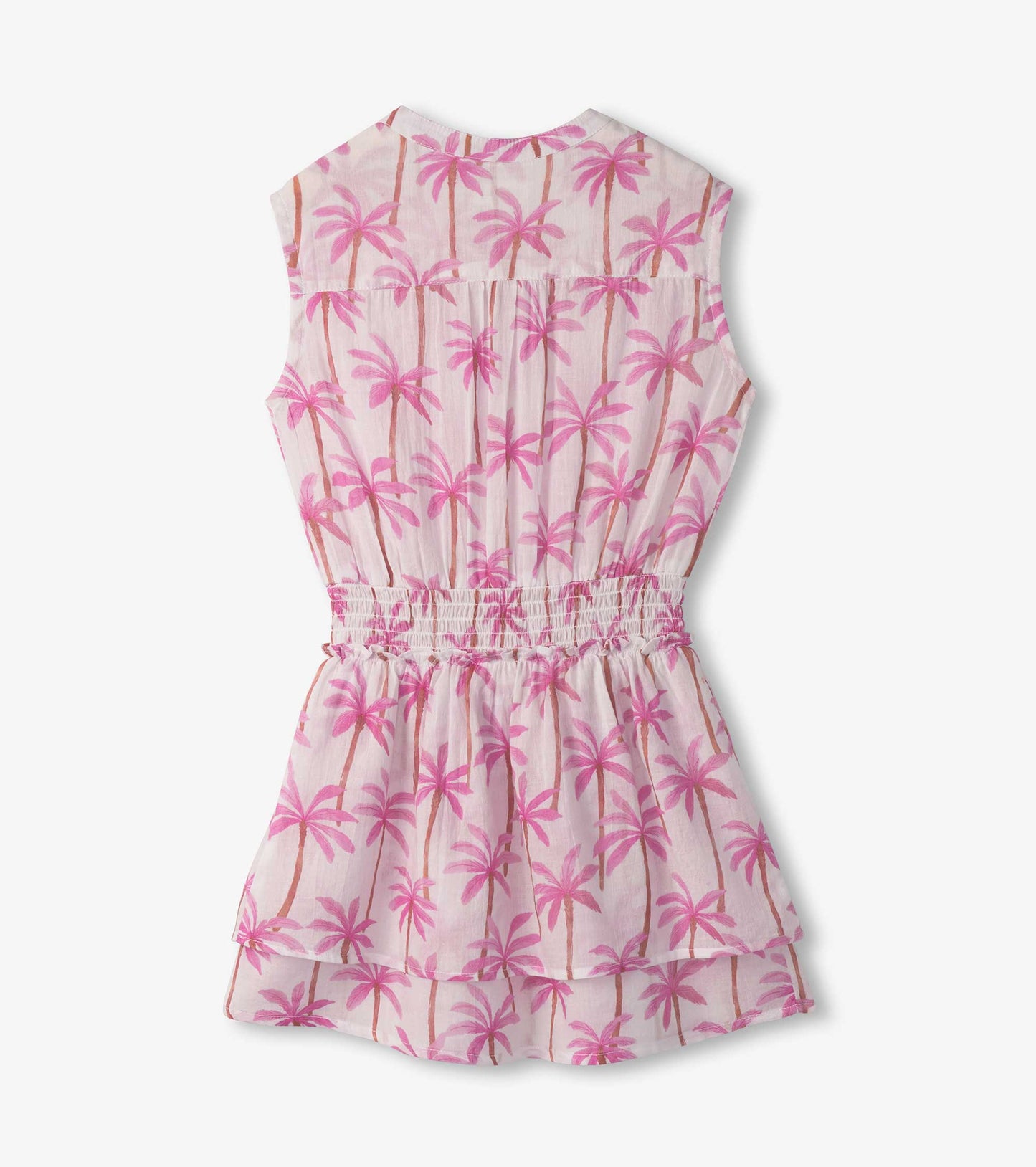 Sleeveless dress featuring a smocked waist and a pink palm tree pattern on a light background.
