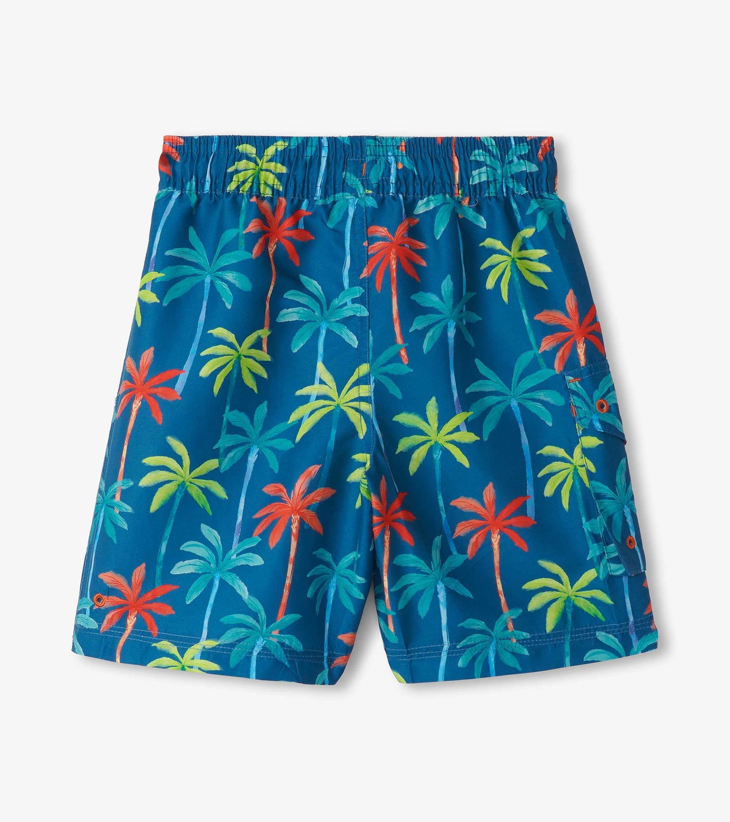 Blue board shorts featuring a vibrant palm tree print in red, green, and yellow, with an elastic waistband.