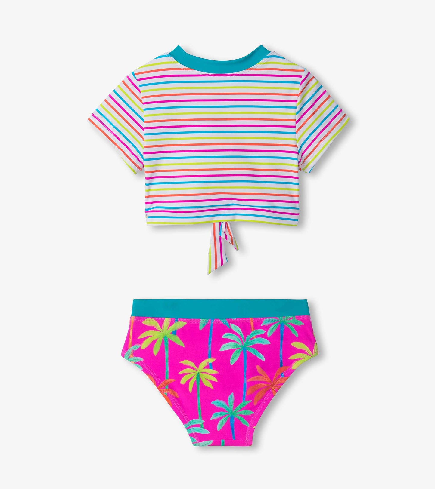 Colorful striped short sleeve tankini top with a tie-back and matching pink bottoms featuring palm tree prints.