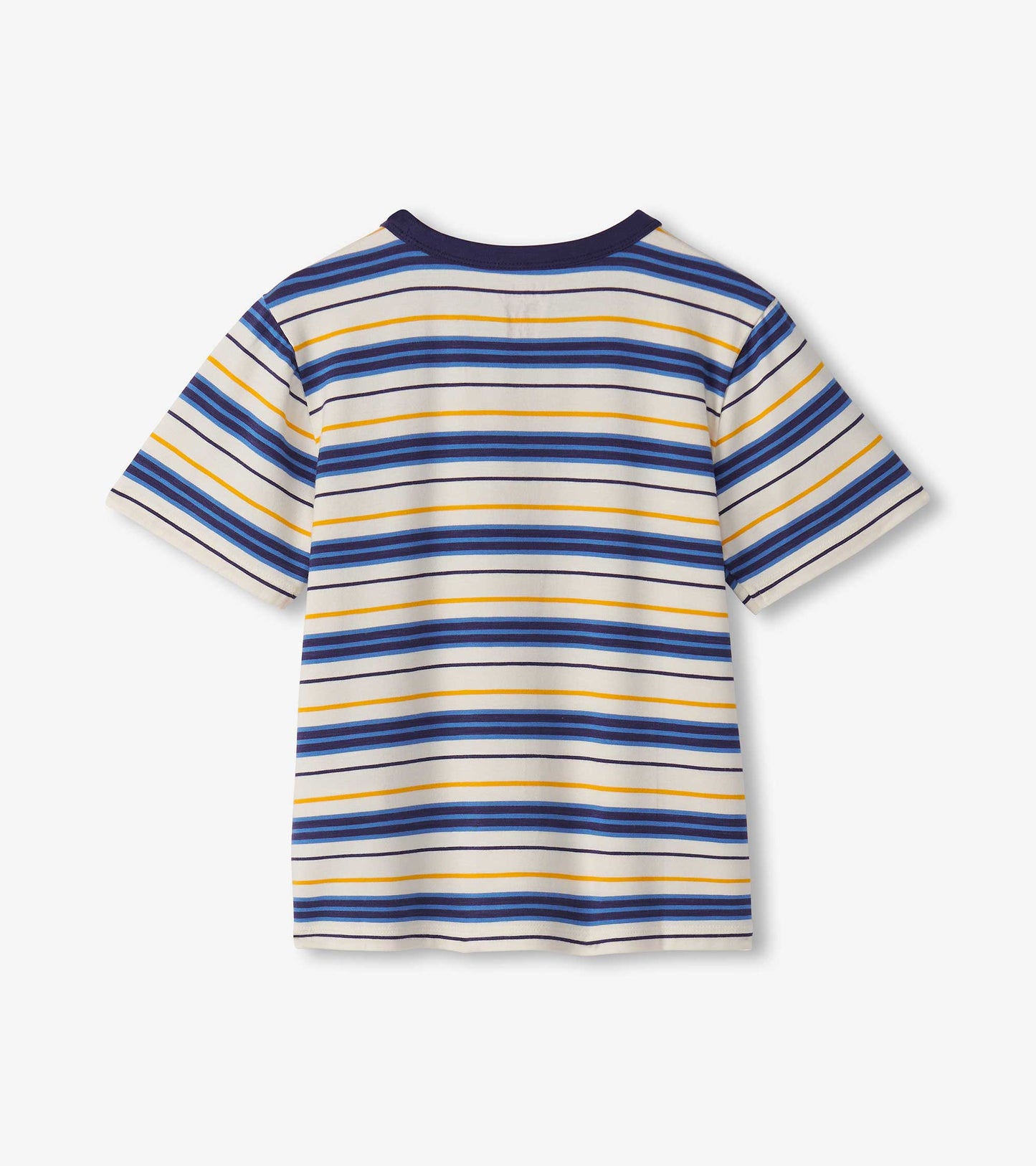 Boys' bamboo tee in white with blue, yellow, and navy stripes; short sleeves and a crew neckline.