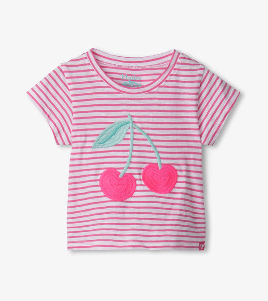 Pink and white striped graphic tee featuring embroidered cherry design and short sleeves. Suitable for baby and toddler girl…