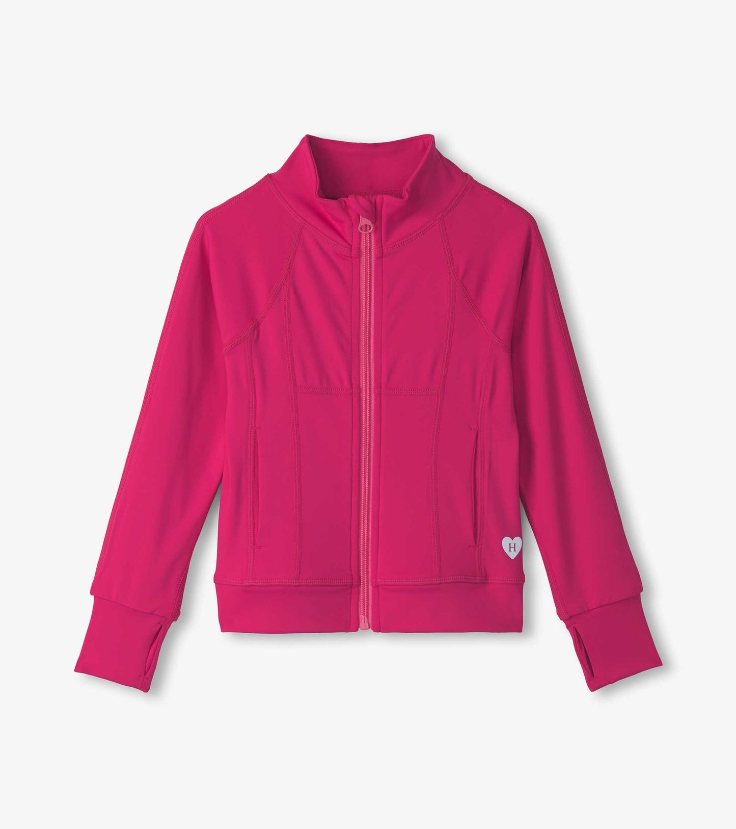 Bright pink active jacket with a zip front, high collar, and long sleeves, designed for girls.
