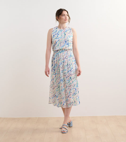 Sleeveless midi dress with wavy stripes in pastel colors, featuring an elastic waist and a relaxed fit.