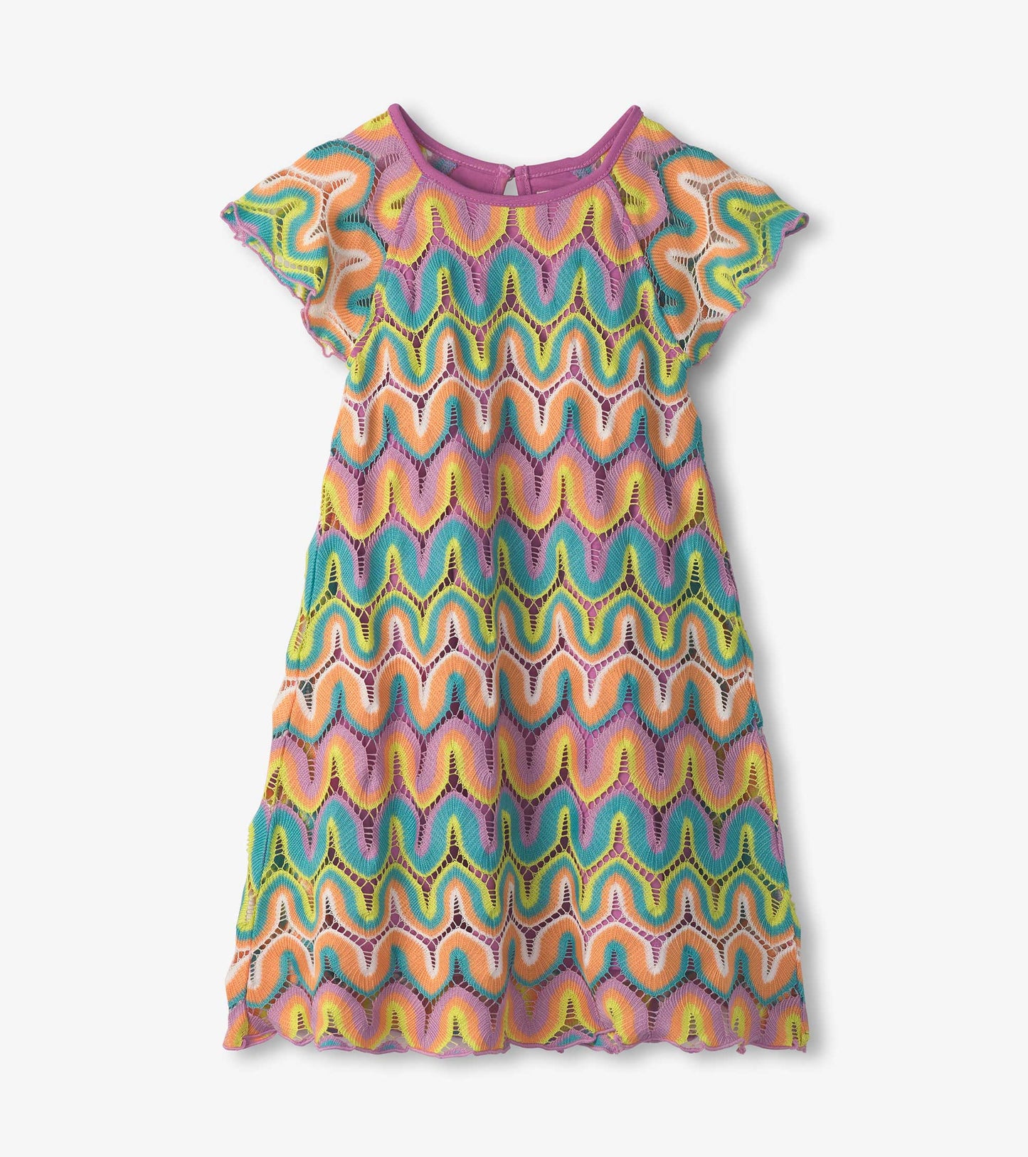 Colorful crochet dress featuring a wavy pattern in pink, orange, green, and yellow with short sleeves and a round neckline.