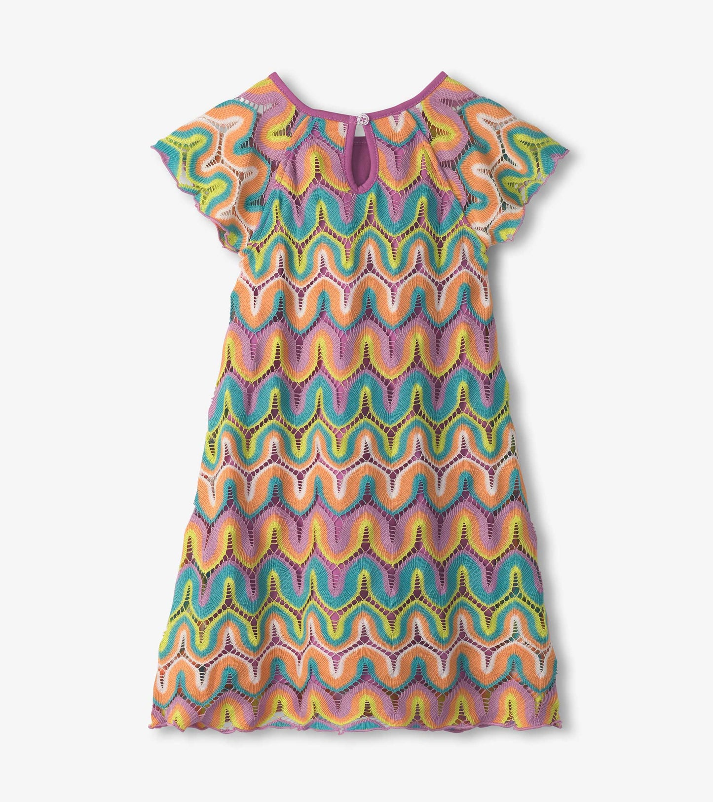 Colorful crochet dress featuring a wavy pattern in pink, orange, green, and blue with short flutter sleeves and a keyhole ba…