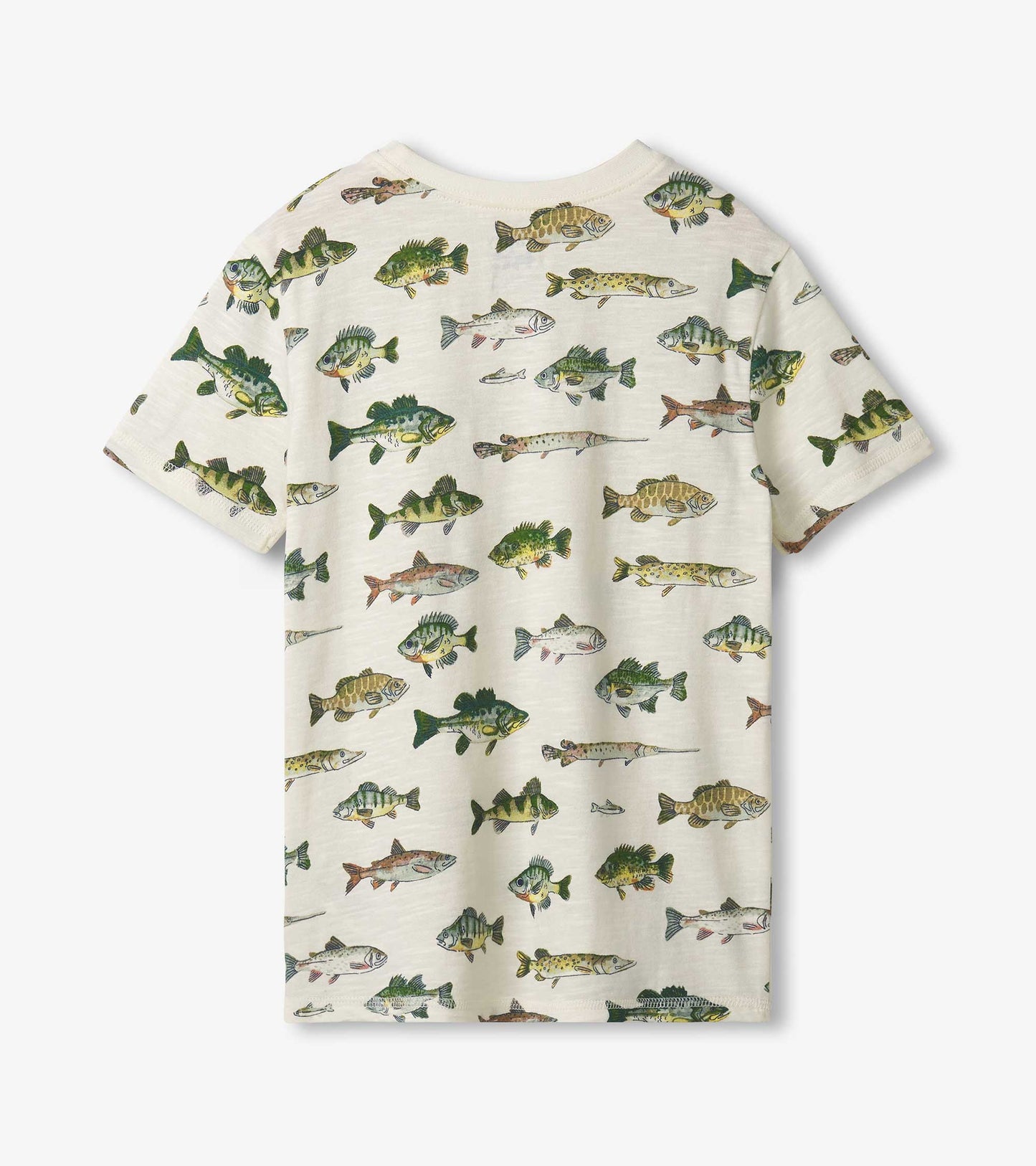 Short-sleeve tee featuring a colorful fish graphic pattern on a light beige background.