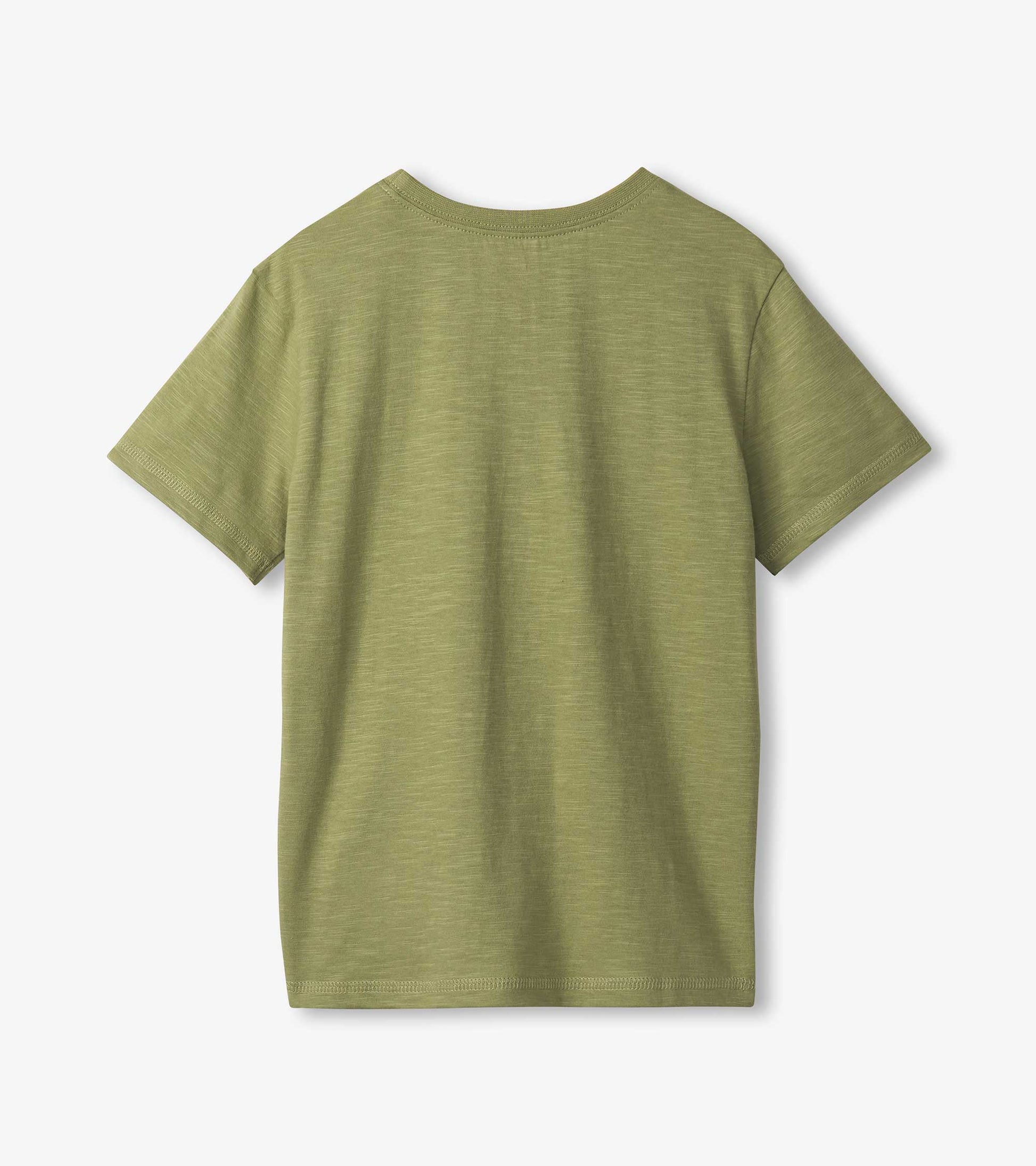 Back view of a short-sleeve tee in olive green with a soft, textured fabric.