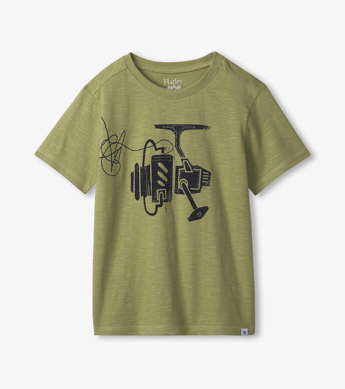 Olive green short-sleeve tee featuring a fishing reel graphic in black. Casual fit for boys.